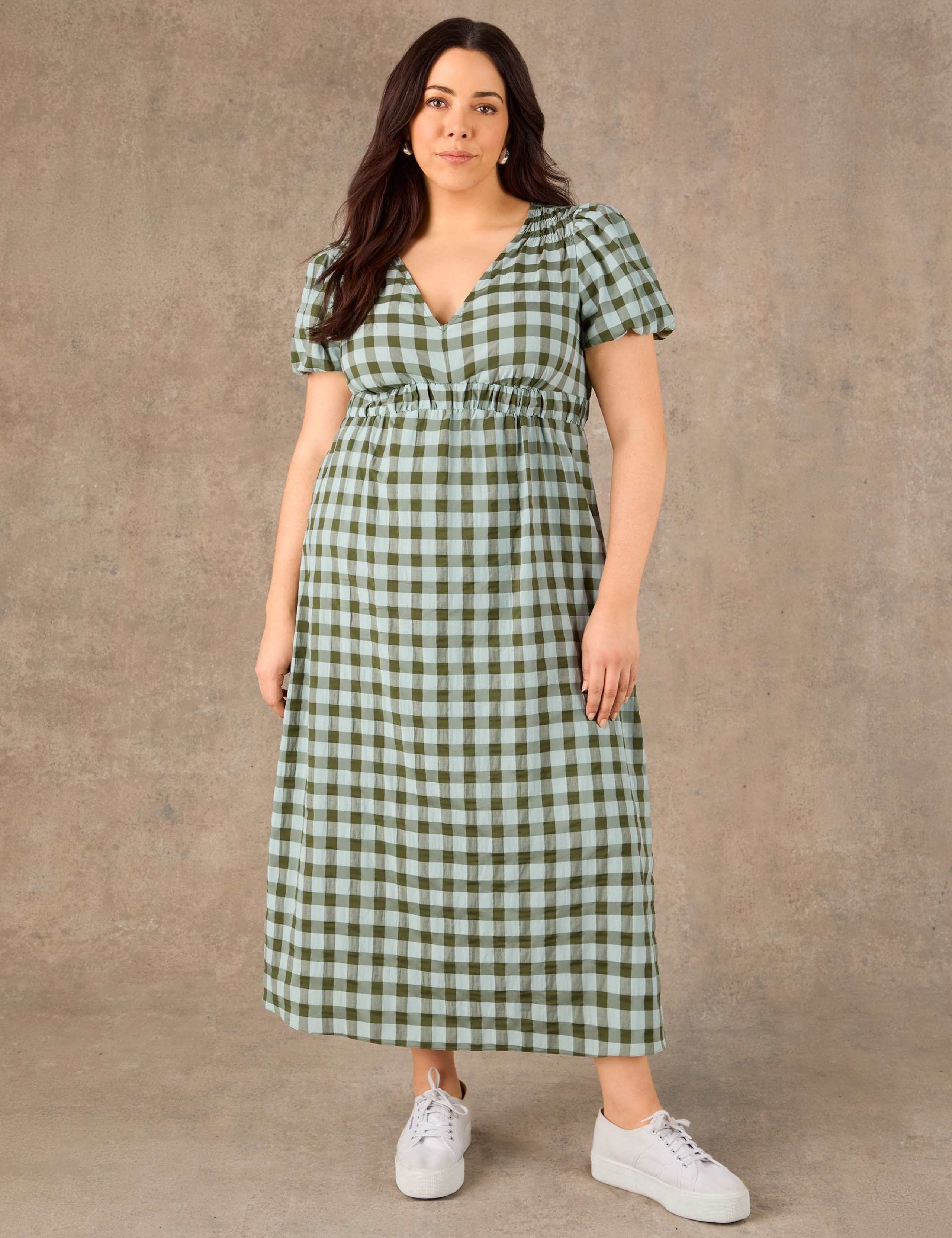 Gingham V-Neck Puff Sleeve Midaxi Waisted Dress 3 of 4