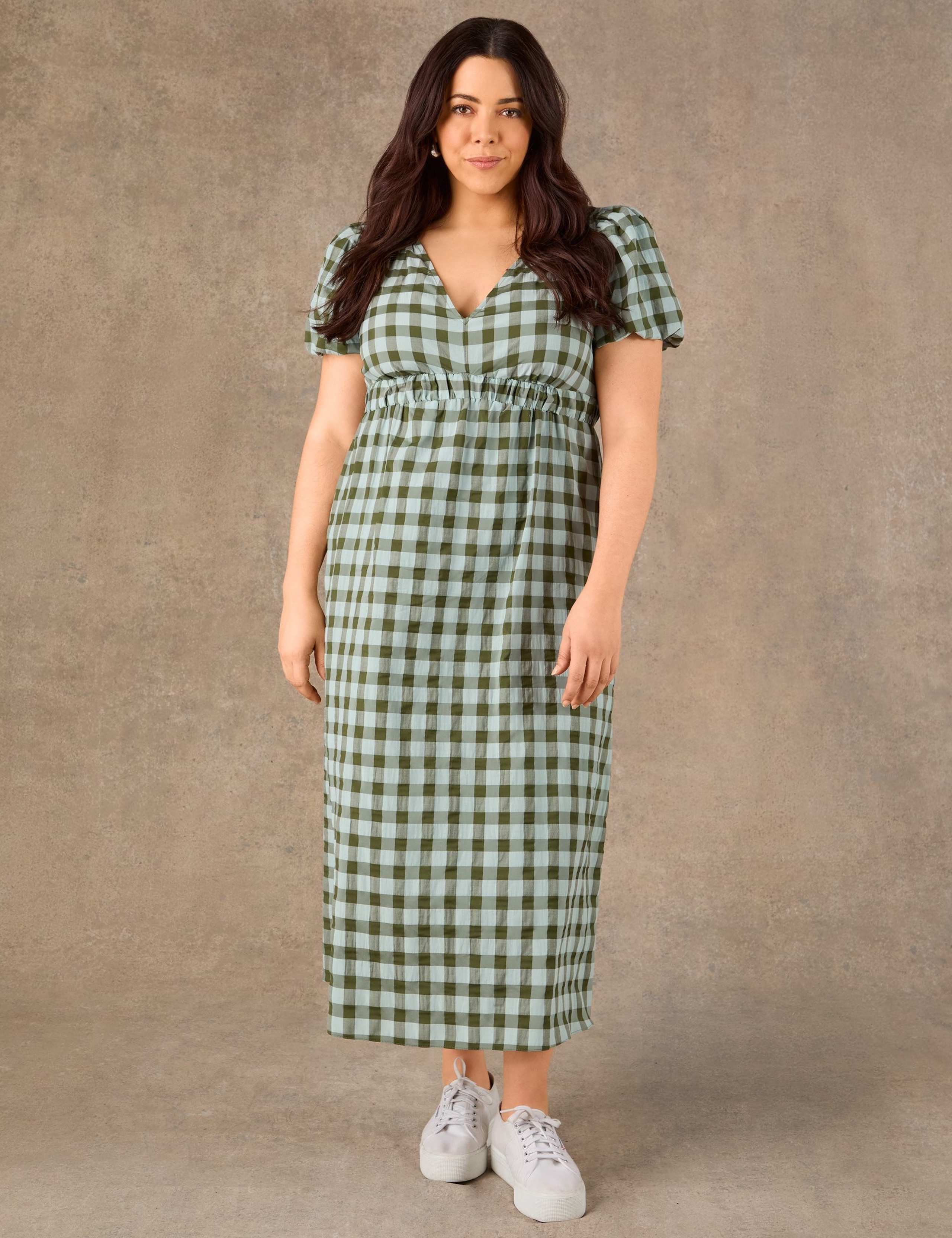 Gingham V-Neck Puff Sleeve Midaxi Waisted Dress 4 of 4