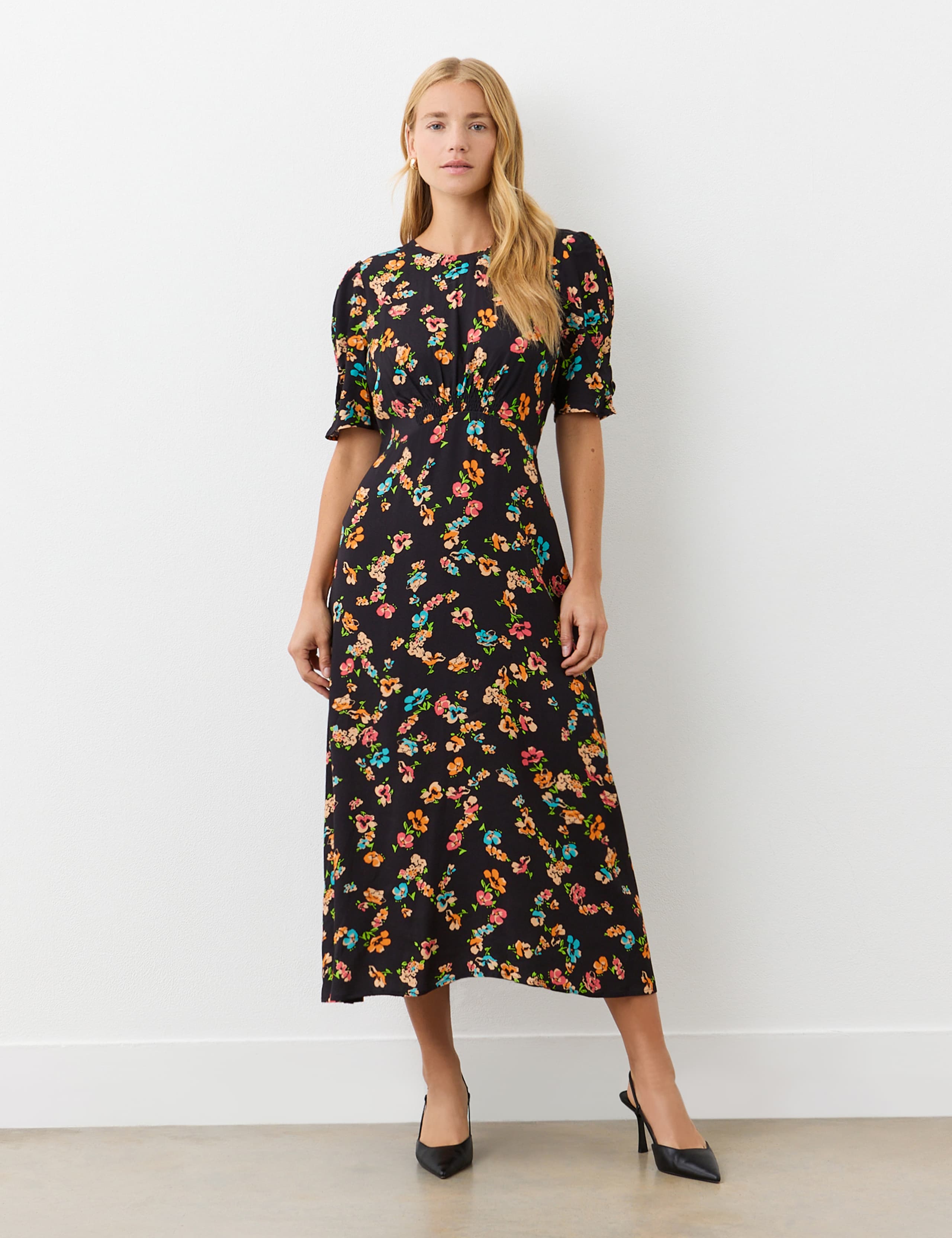 Crepe Floral Puff Sleeve Midi Waisted Dress 1 of 4