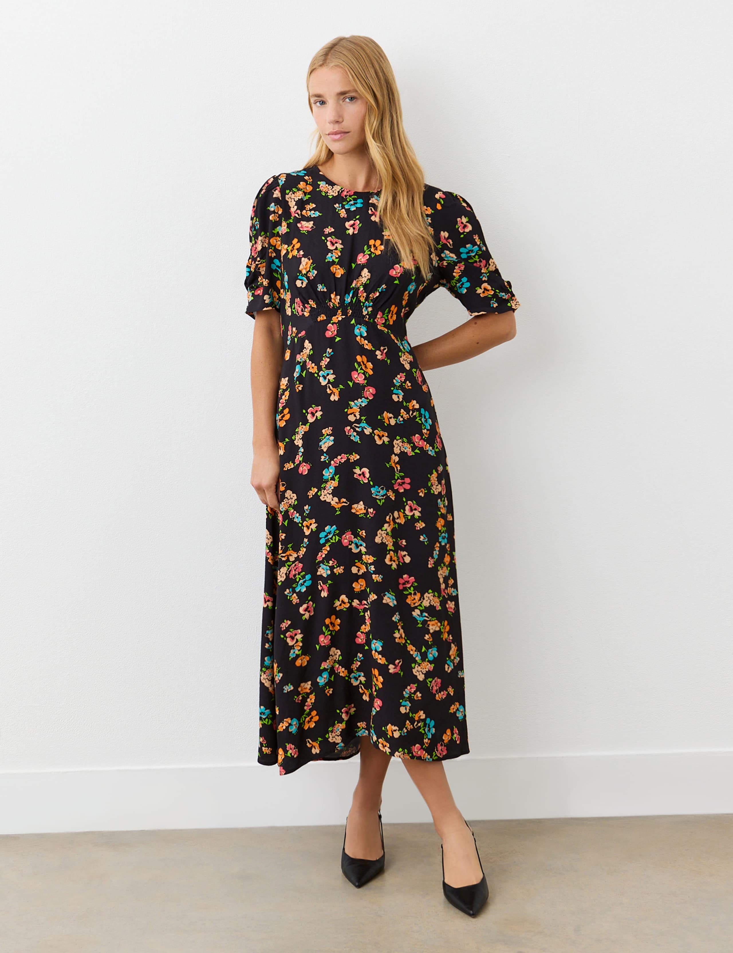 Crepe Floral Puff Sleeve Midi Waisted Dress 3 of 4
