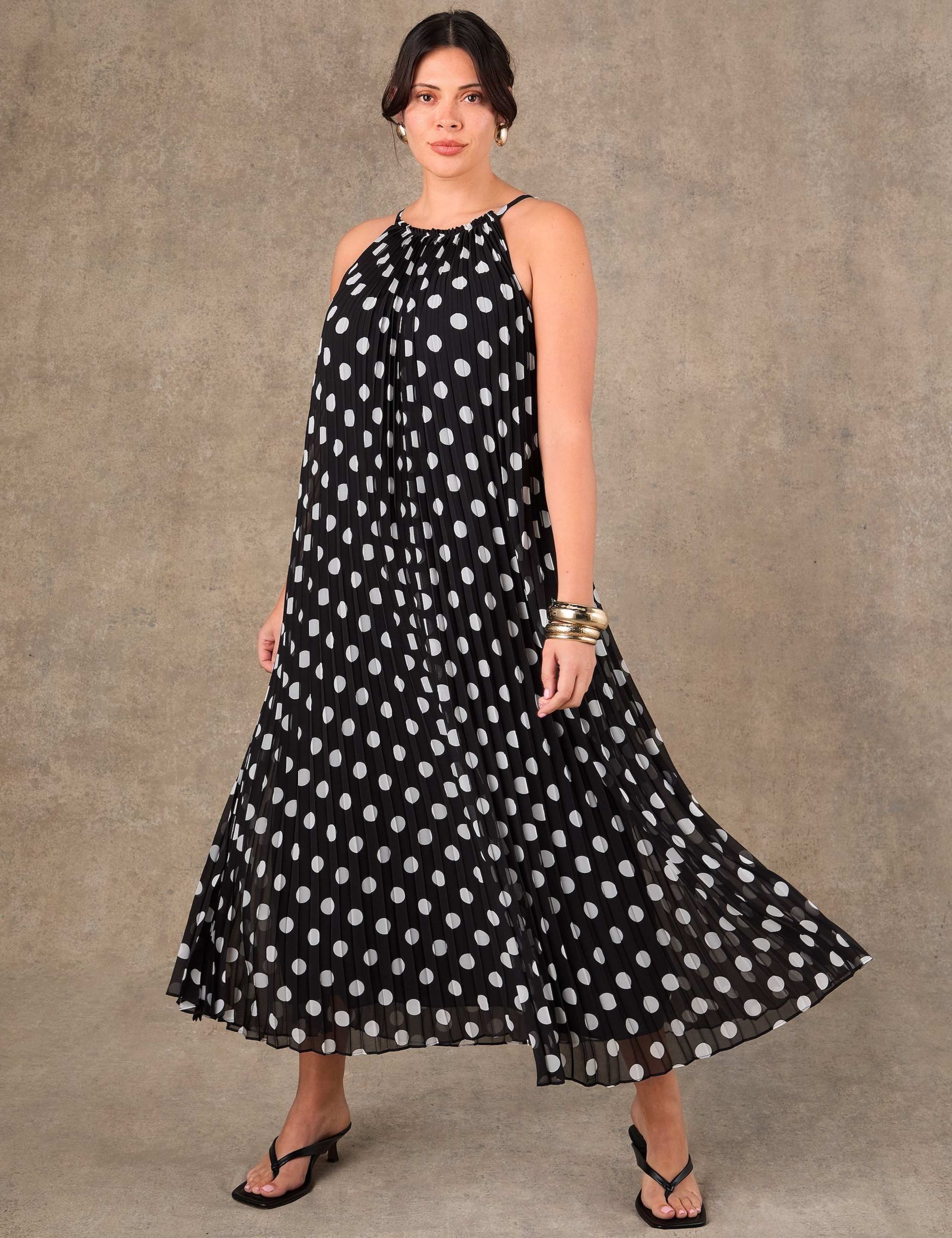Polka Dot Halter Neck Pleated Maxi Column Dress 1 of 4