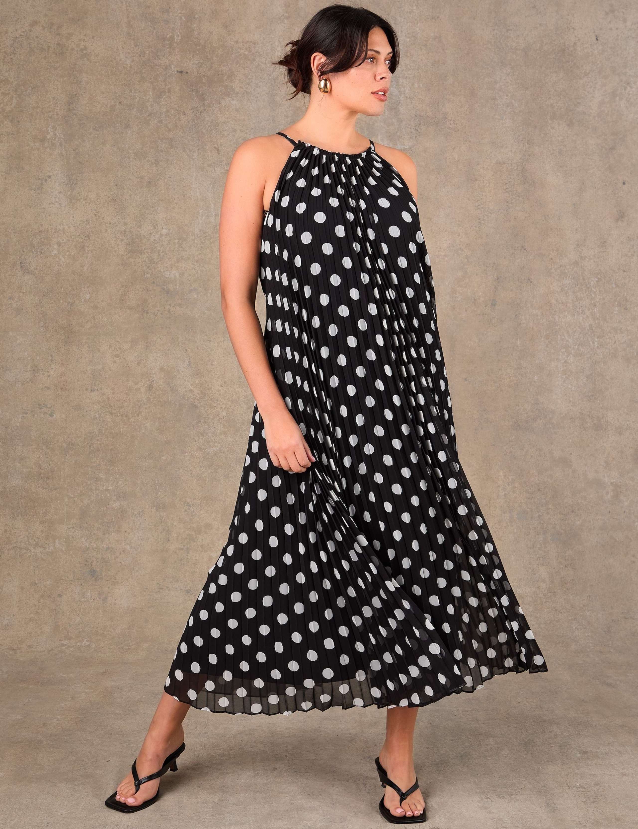 Polka Dot Halter Neck Pleated Maxi Column Dress 2 of 4