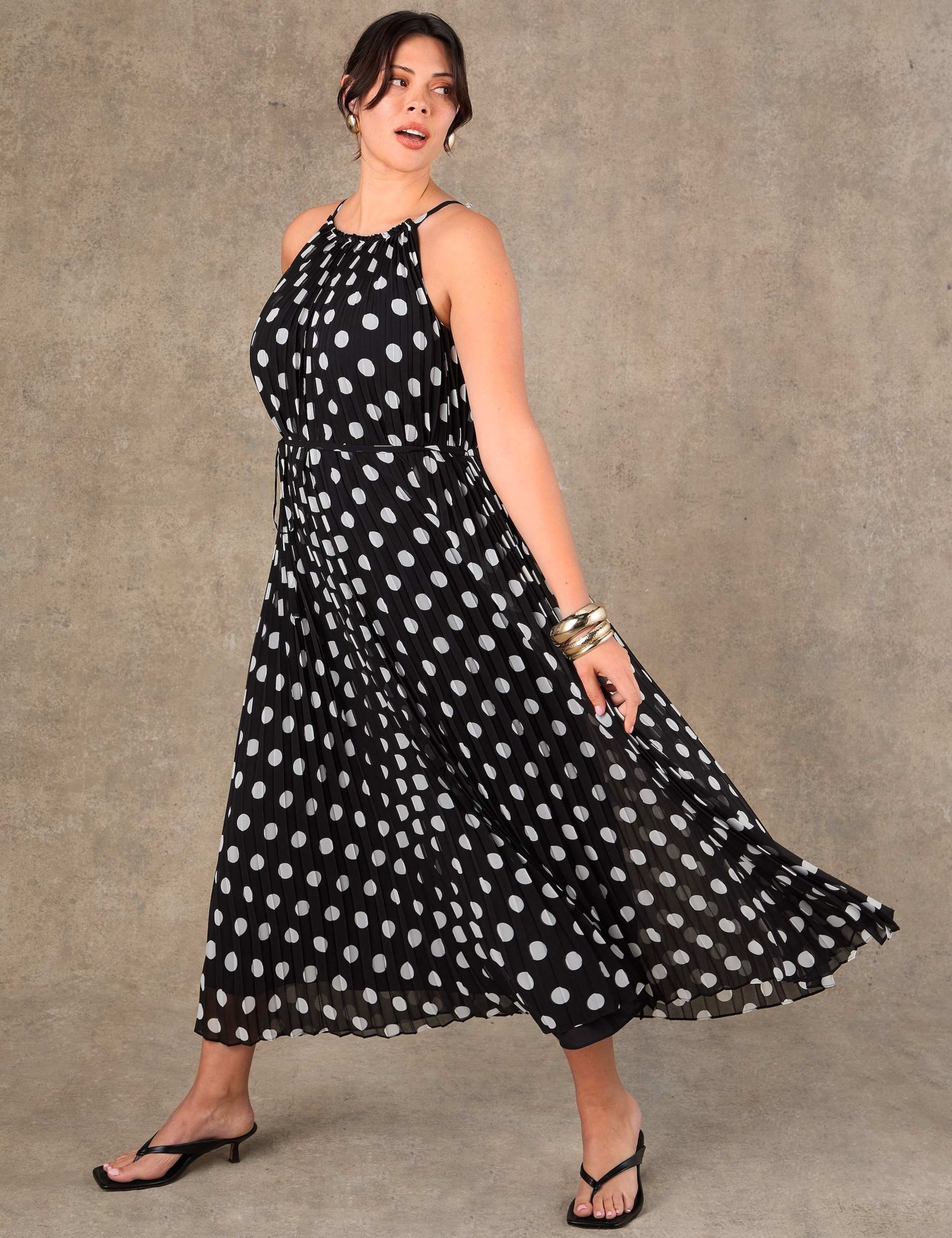 Polka Dot Halter Neck Pleated Maxi Column Dress 3 of 4