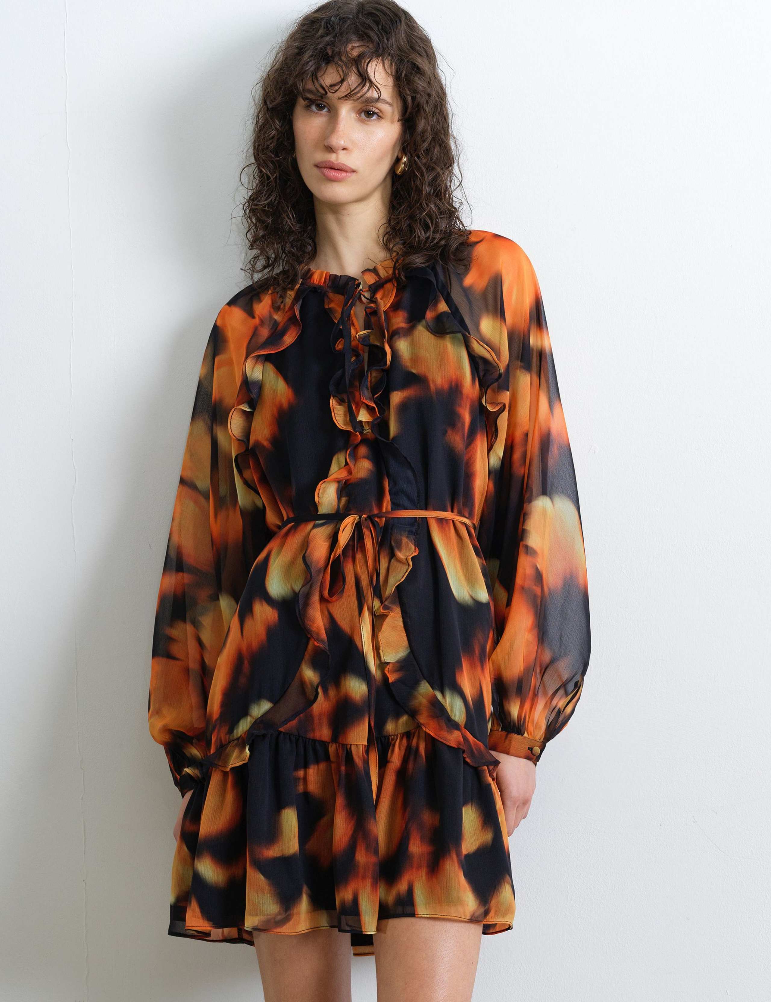 Chiffon Printed Tie Neck Midi Tiered Dress 3 of 5