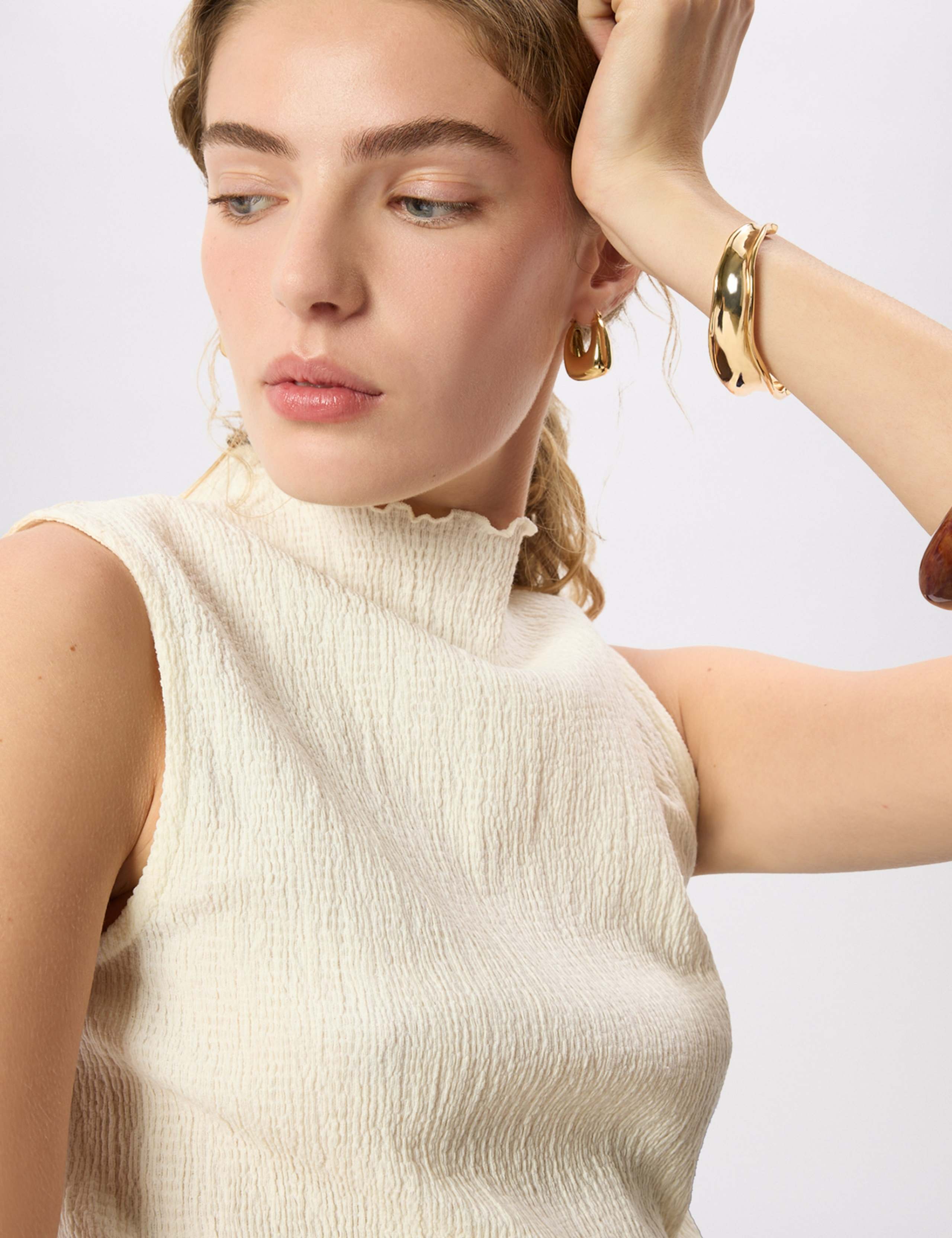 Cotton Blend Textured High Neck Top 7 of 7