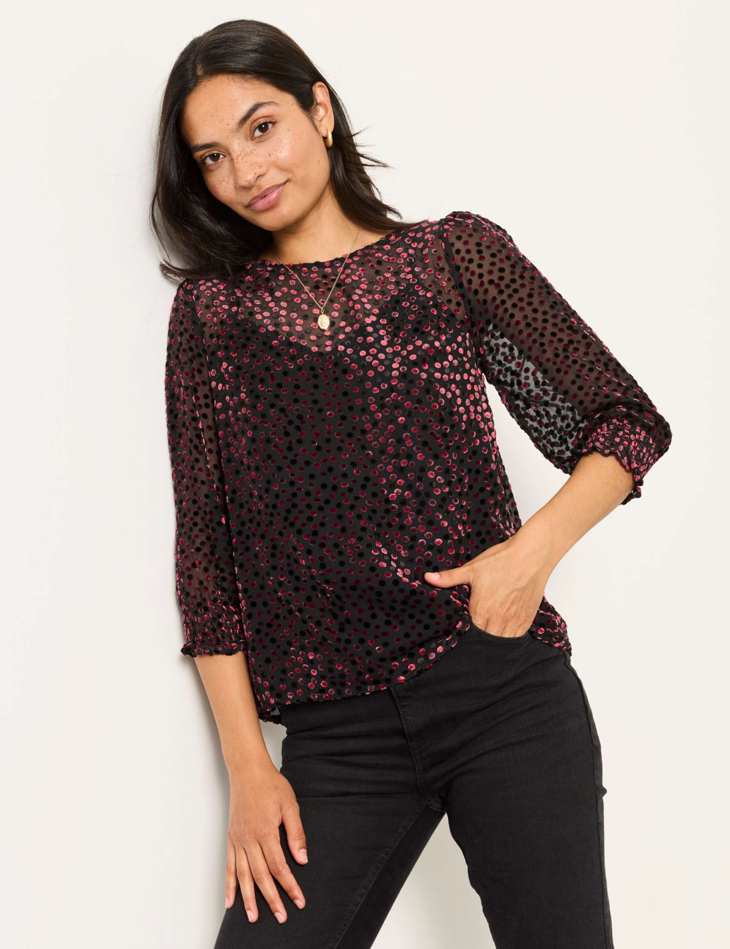 Devoré Round Neck Blouson Sleeve Blouse 1 of 6