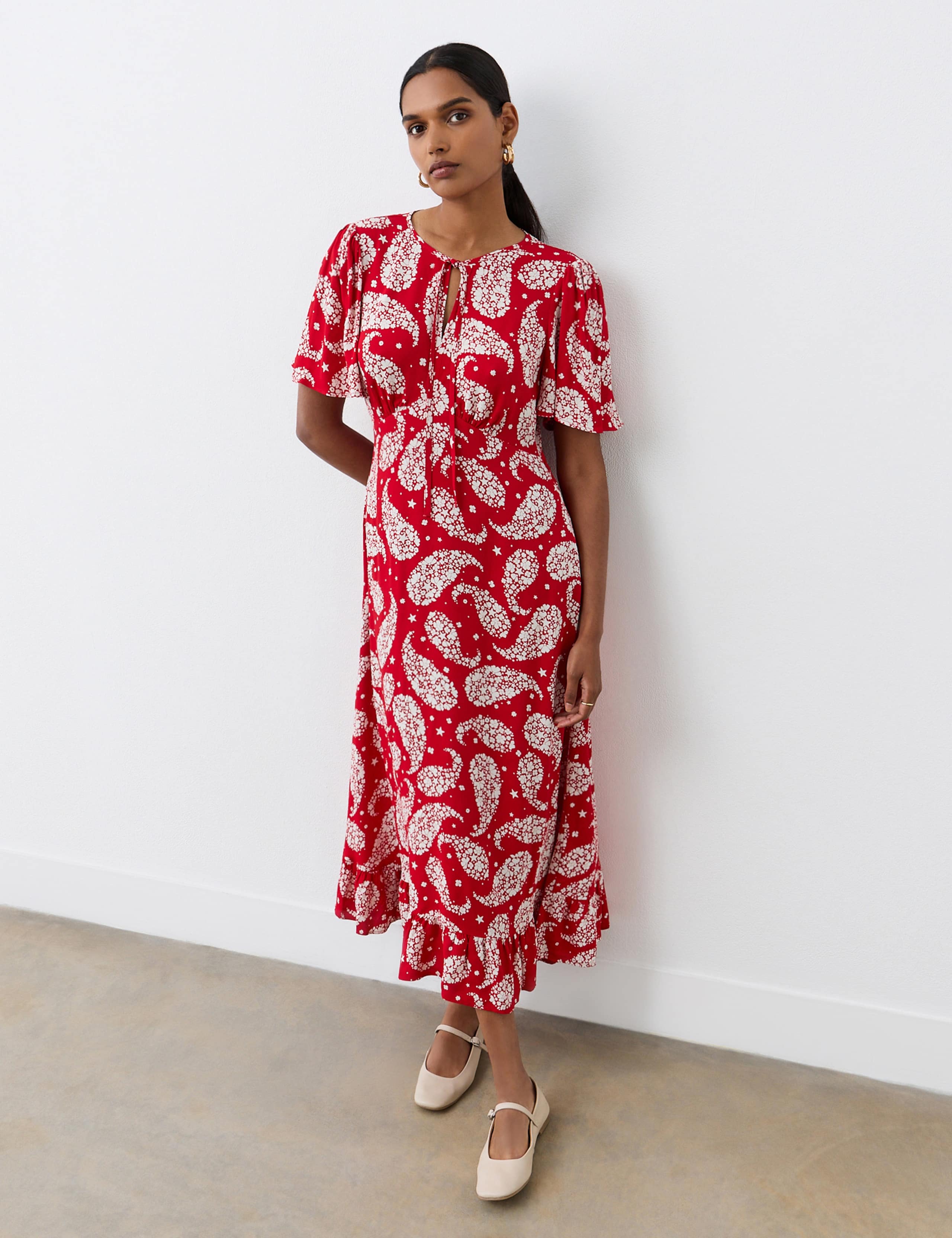Crepe Paisley Tie Neck Midi Tea Dress 2 of 4