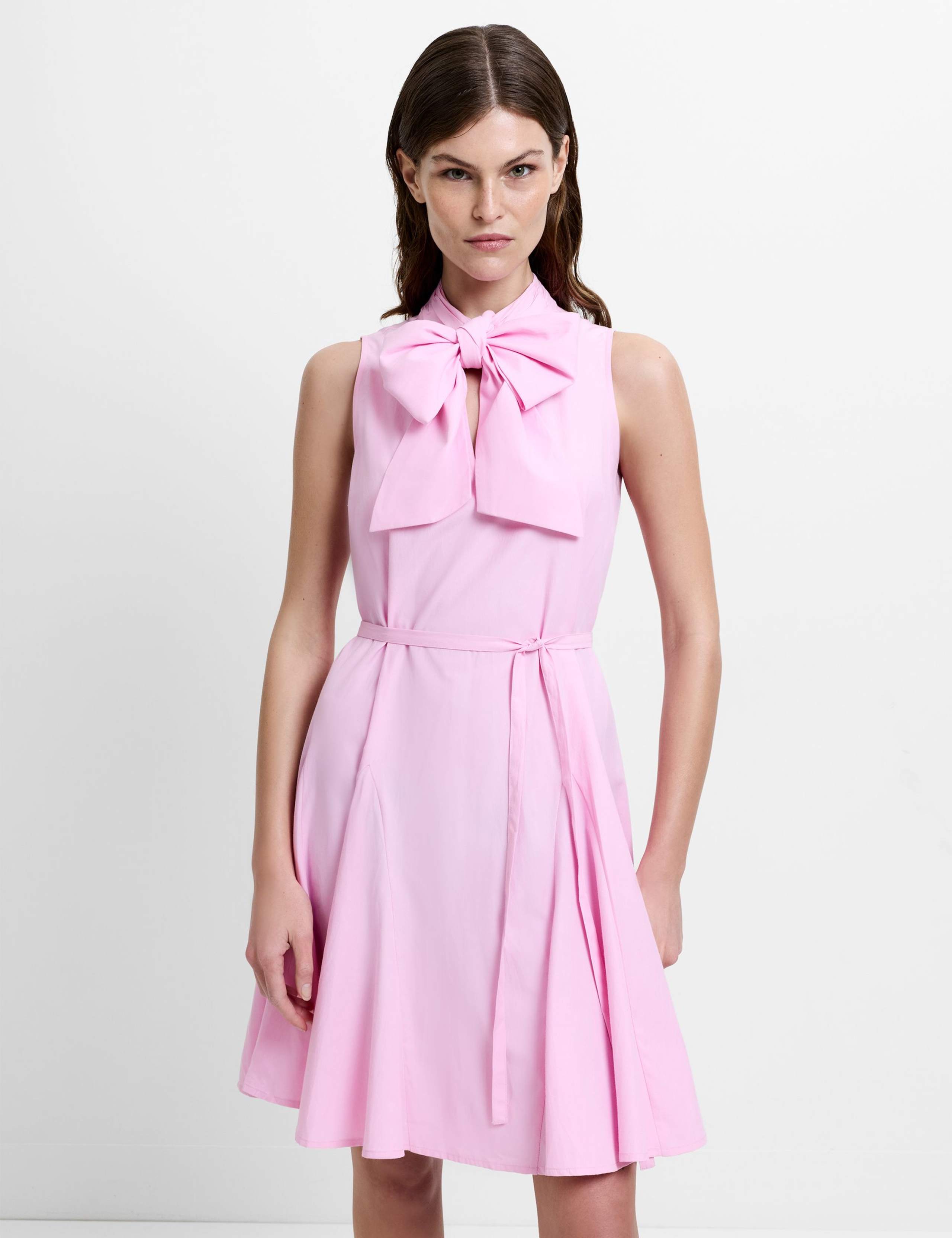 Cotton Blend Tie Neck Pleated Mini Skater Dress 3 of 7