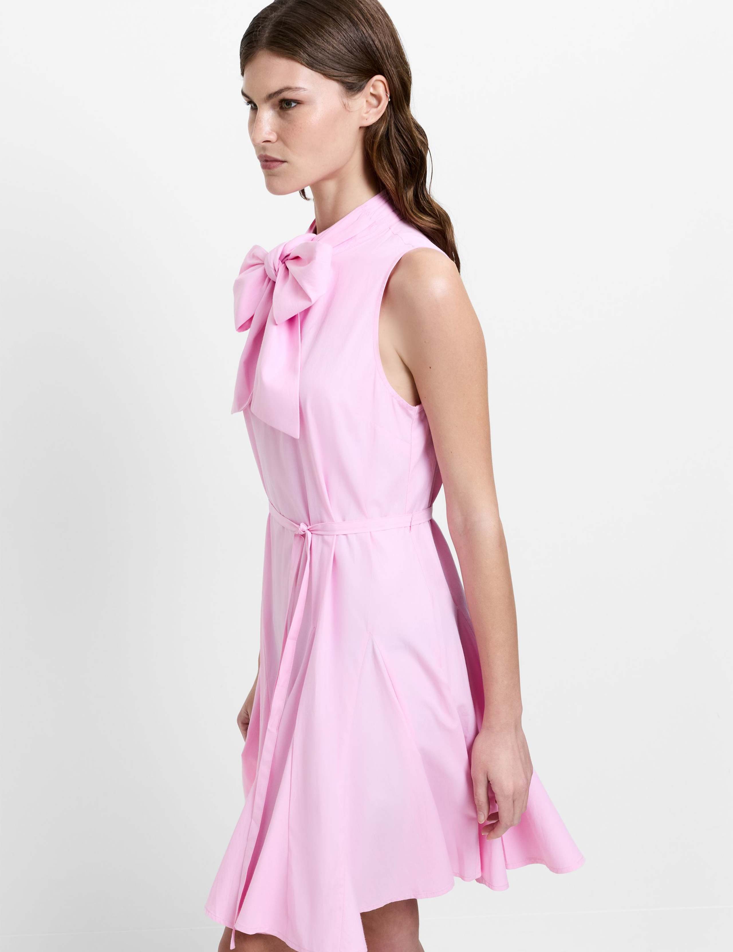 Cotton Blend Tie Neck Pleated Mini Skater Dress 4 of 7