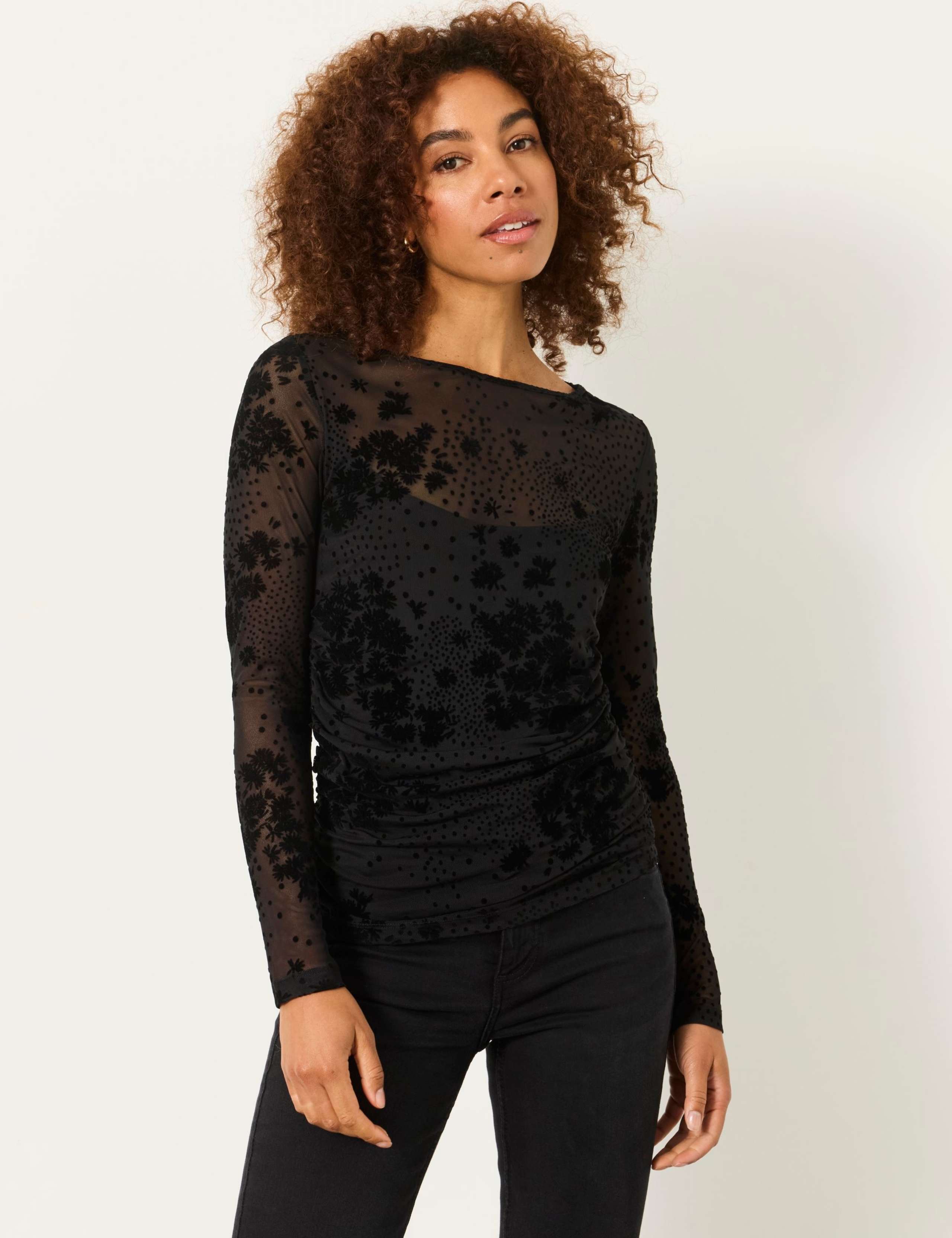 Sheer Flocked Ruched Top 1 of 6