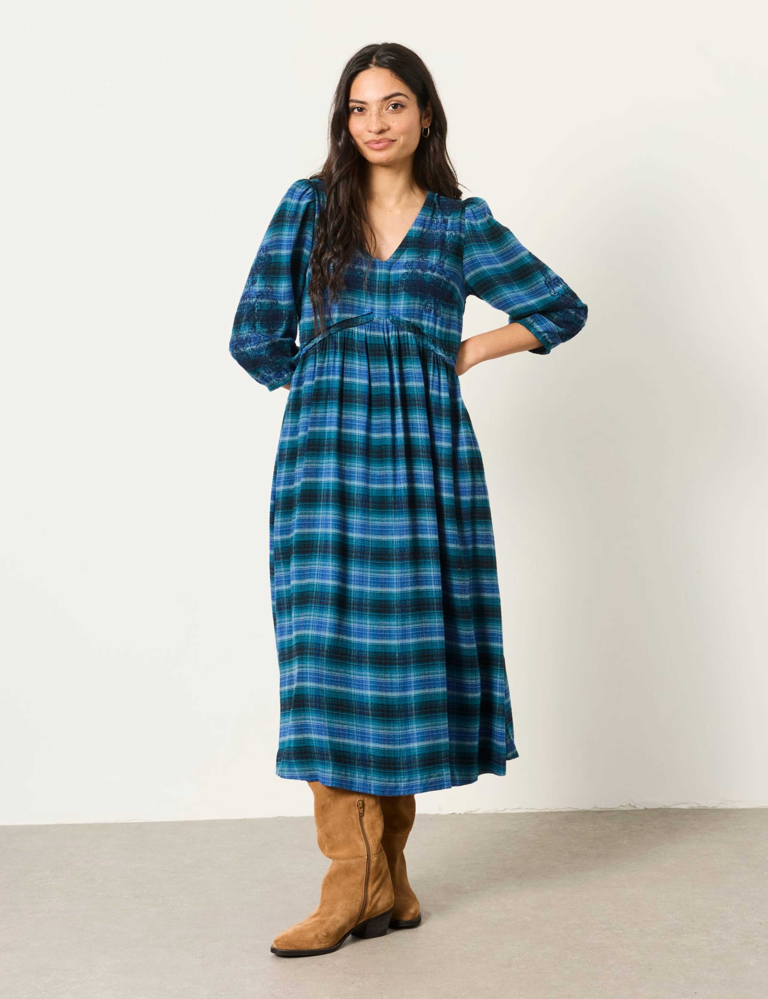 Checked Embroidered V-Neck Midi Waisted Dress 1 of 6