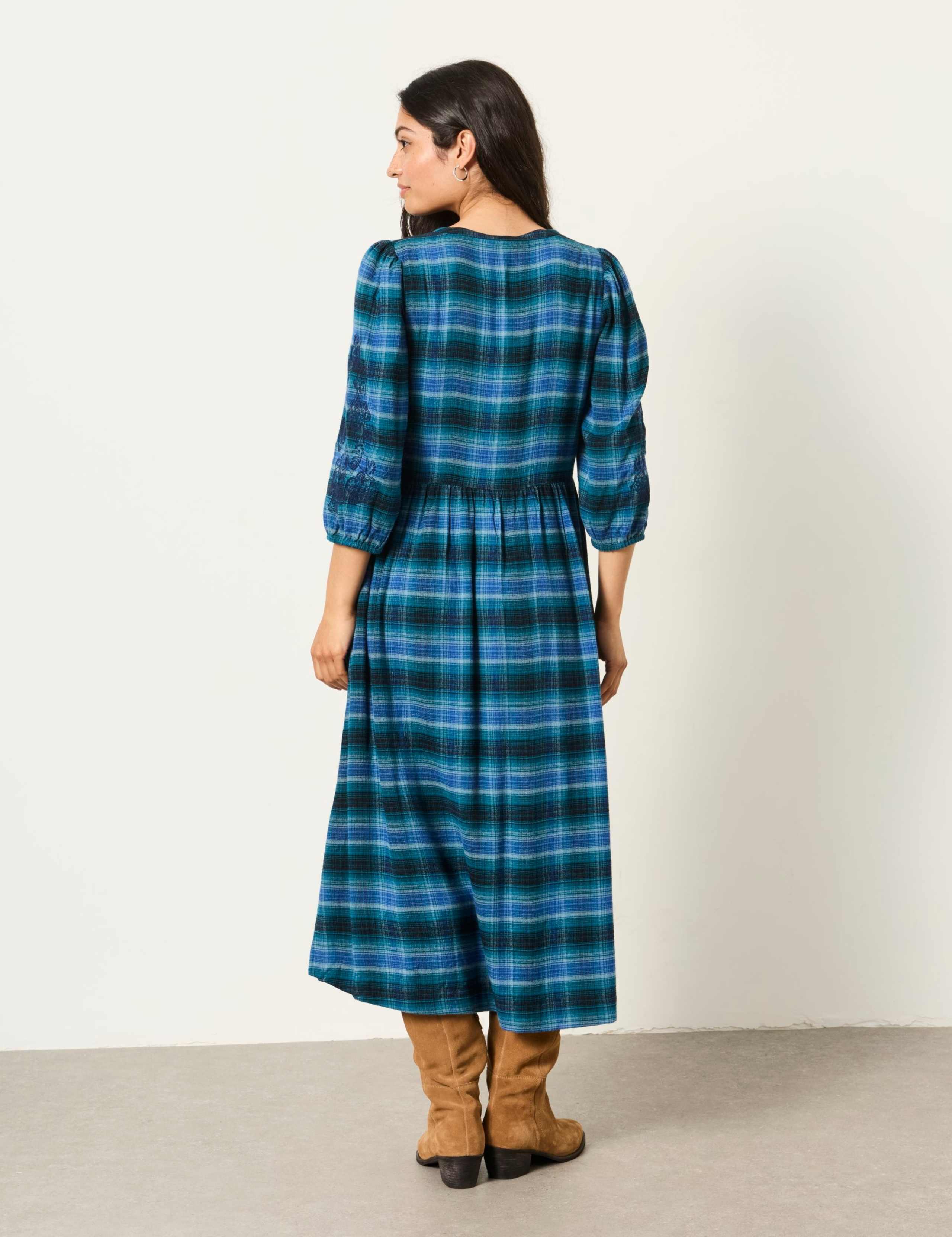 Checked Embroidered V-Neck Midi Waisted Dress 3 of 6