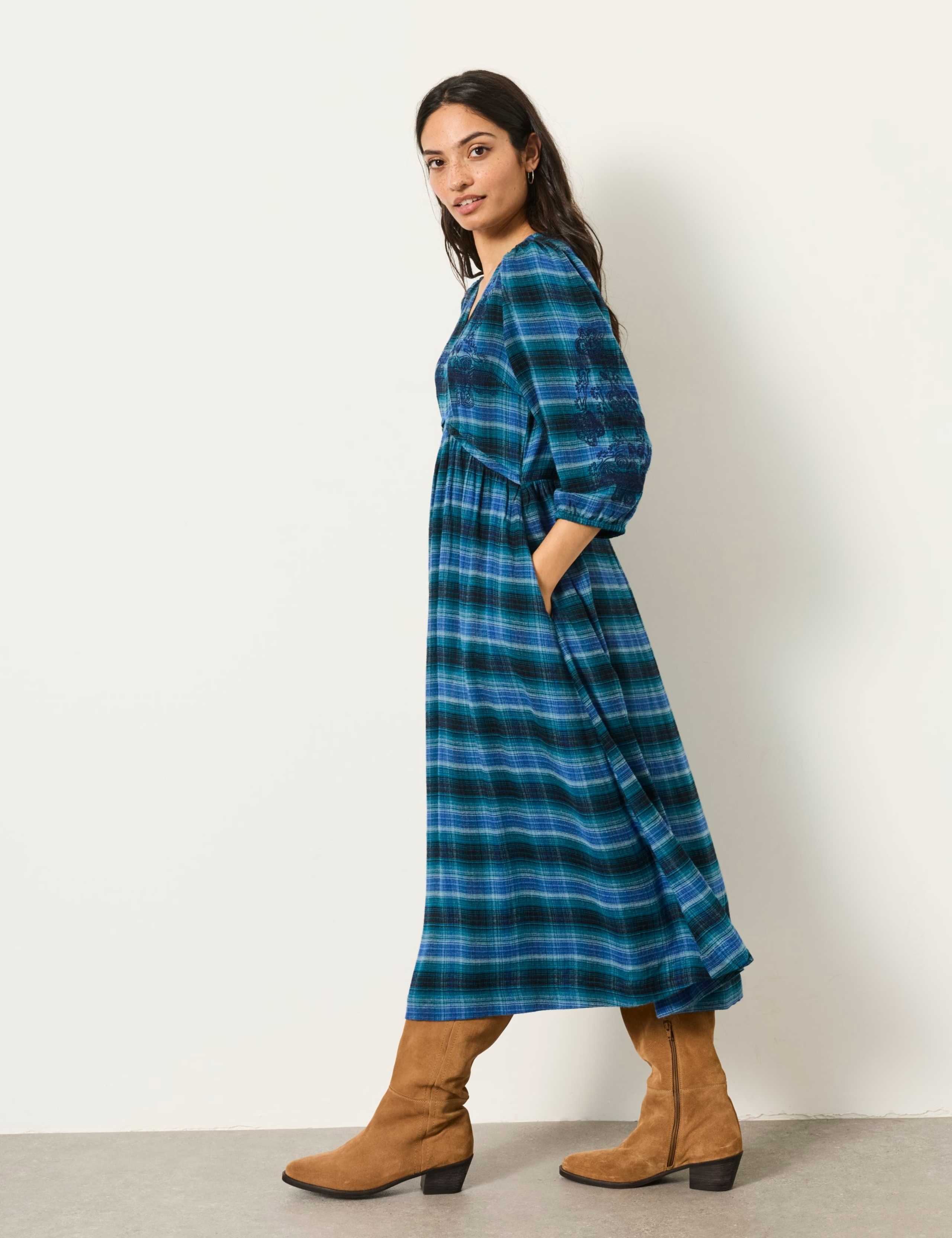 Checked Embroidered V-Neck Midi Waisted Dress 4 of 6