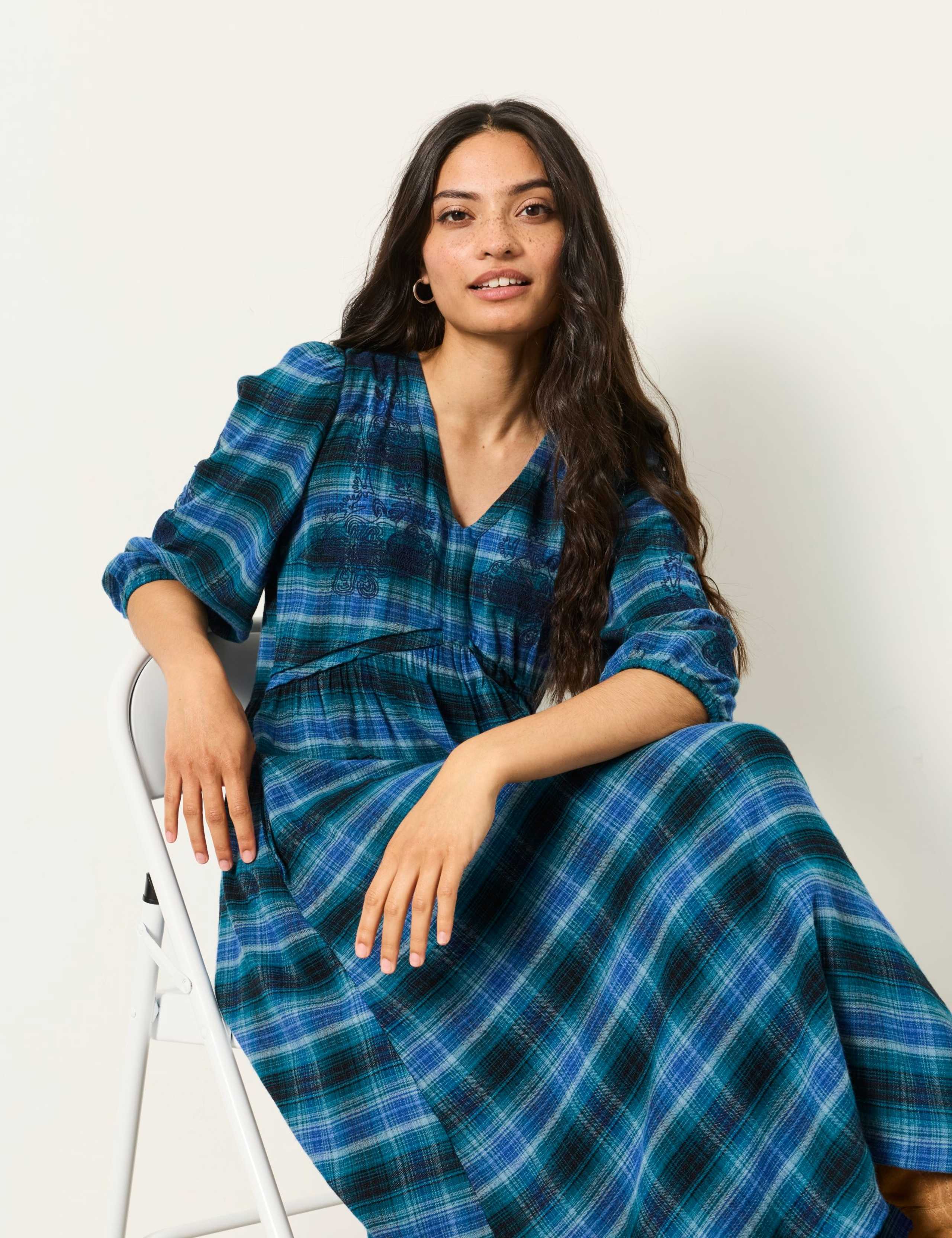 Checked Embroidered V-Neck Midi Waisted Dress 5 of 6