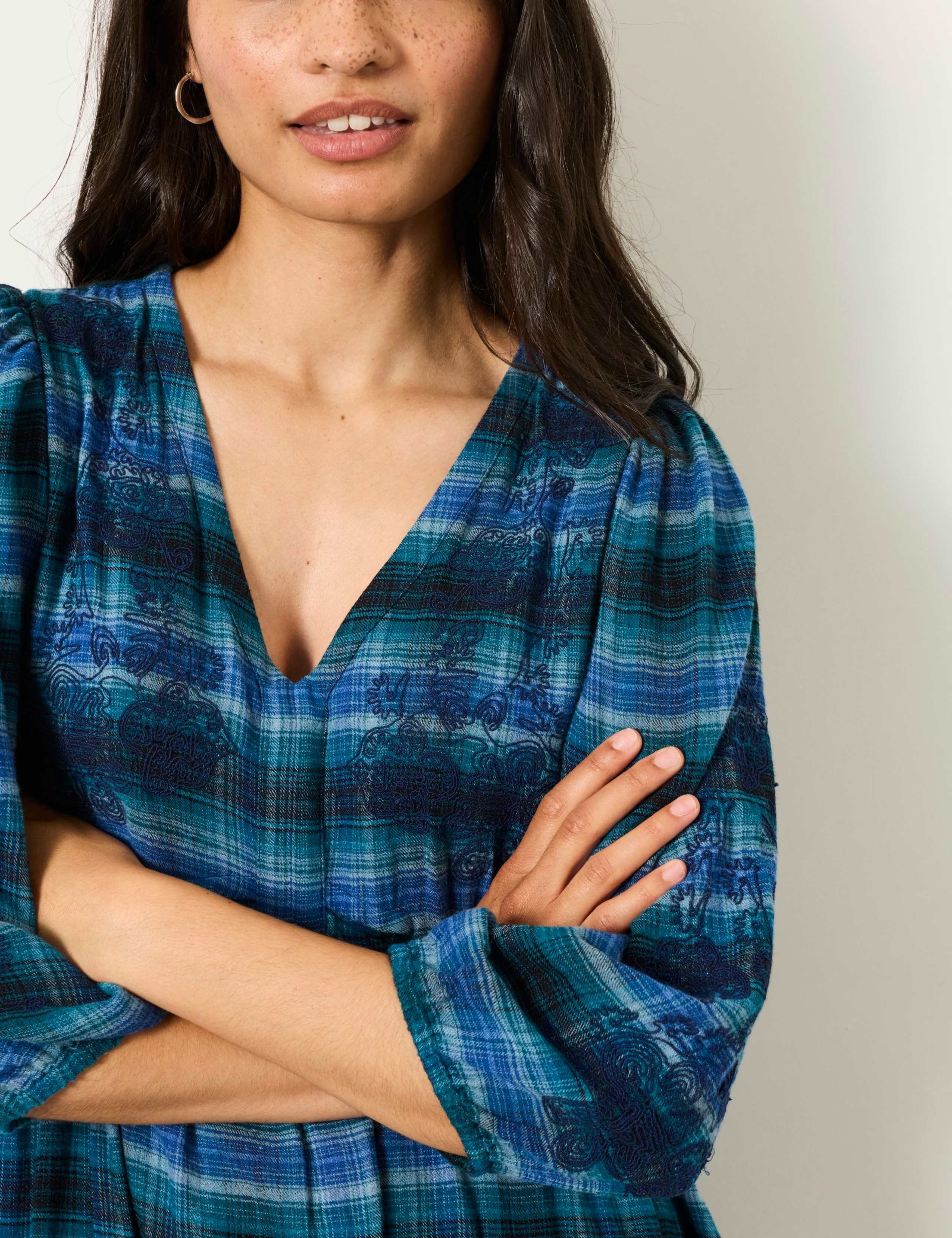 Checked Embroidered V-Neck Midi Waisted Dress 6 of 6
