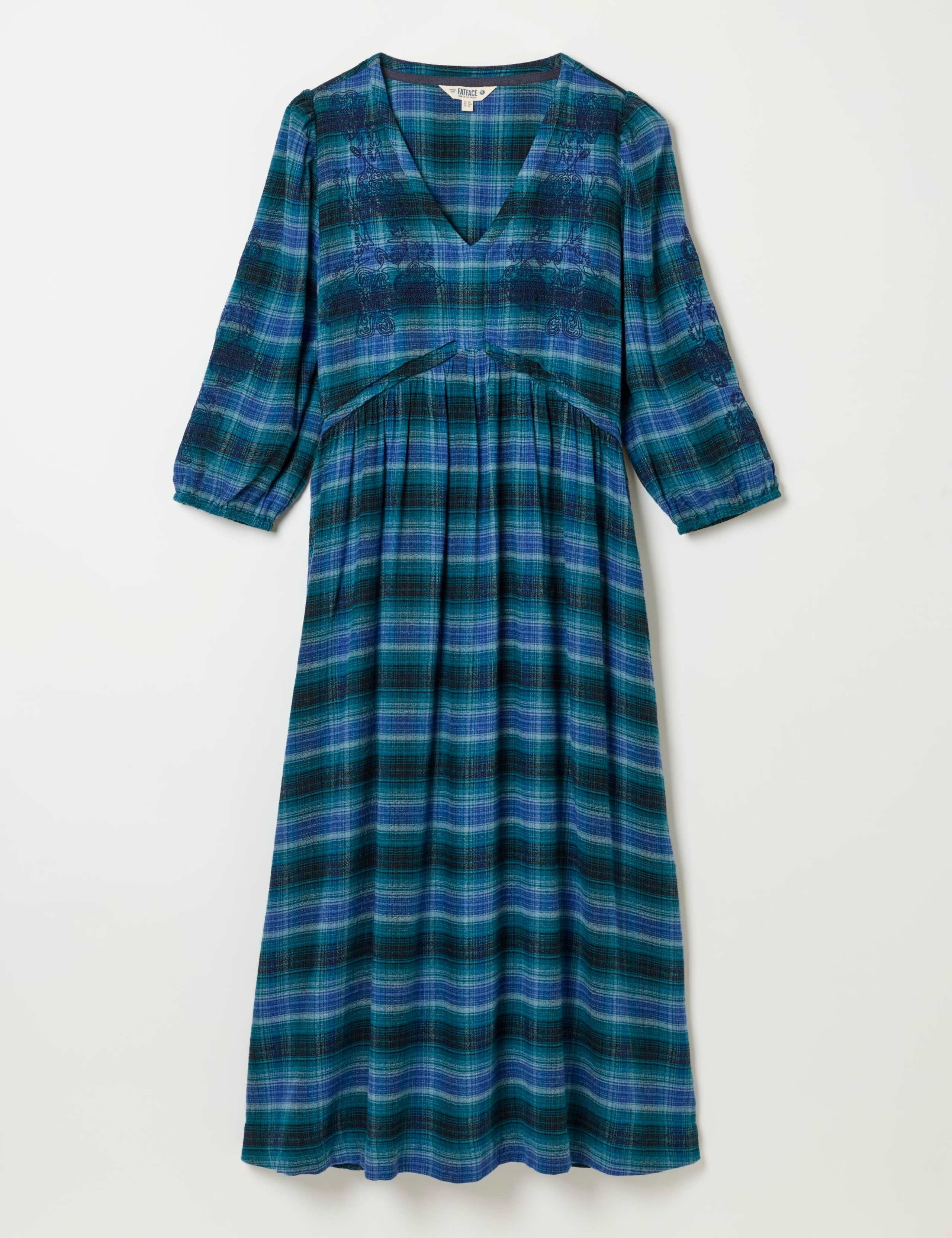 Checked Embroidered V-Neck Midi Waisted Dress 2 of 6