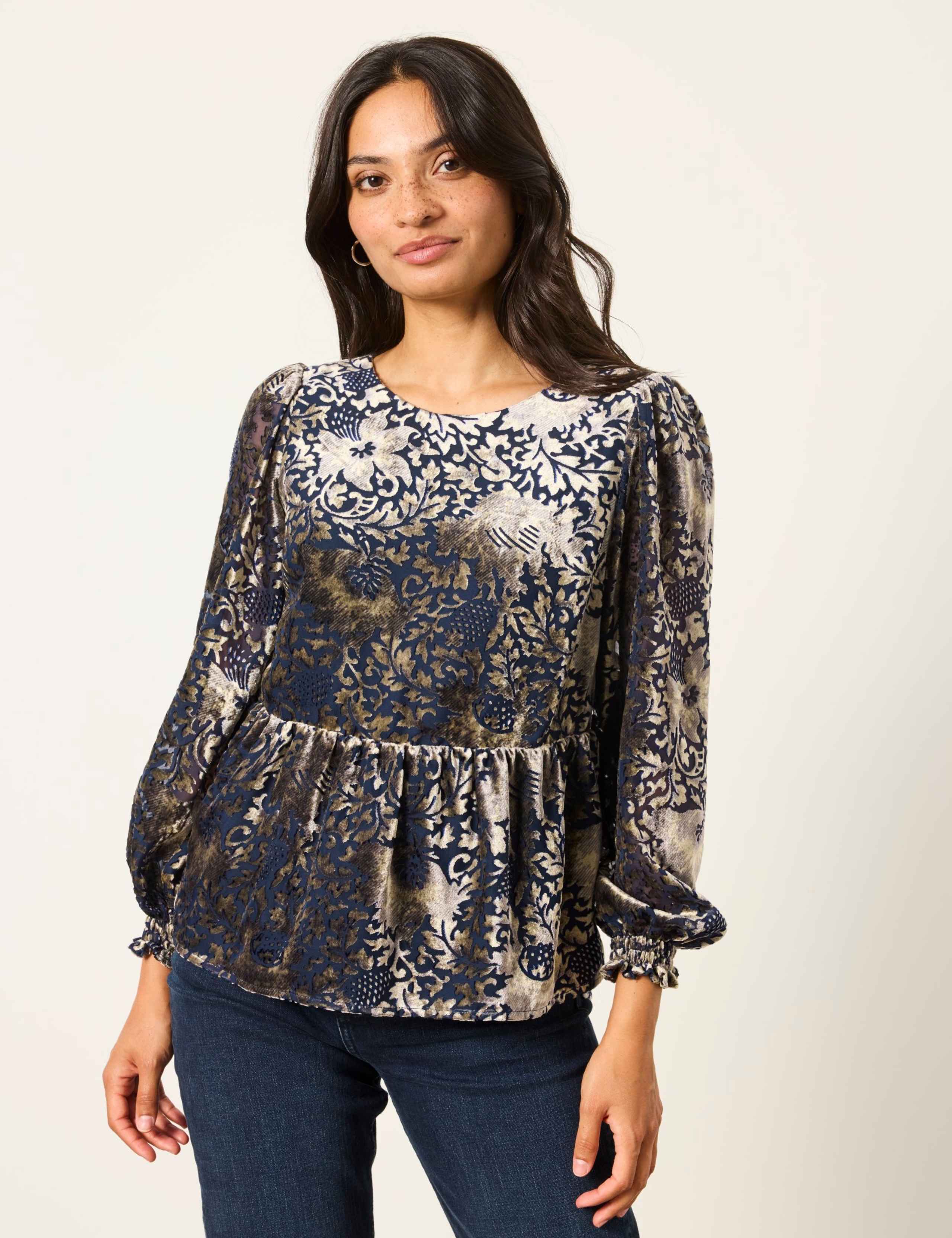 Devoré Waisted Blouson Sleeve Blouse 1 of 6