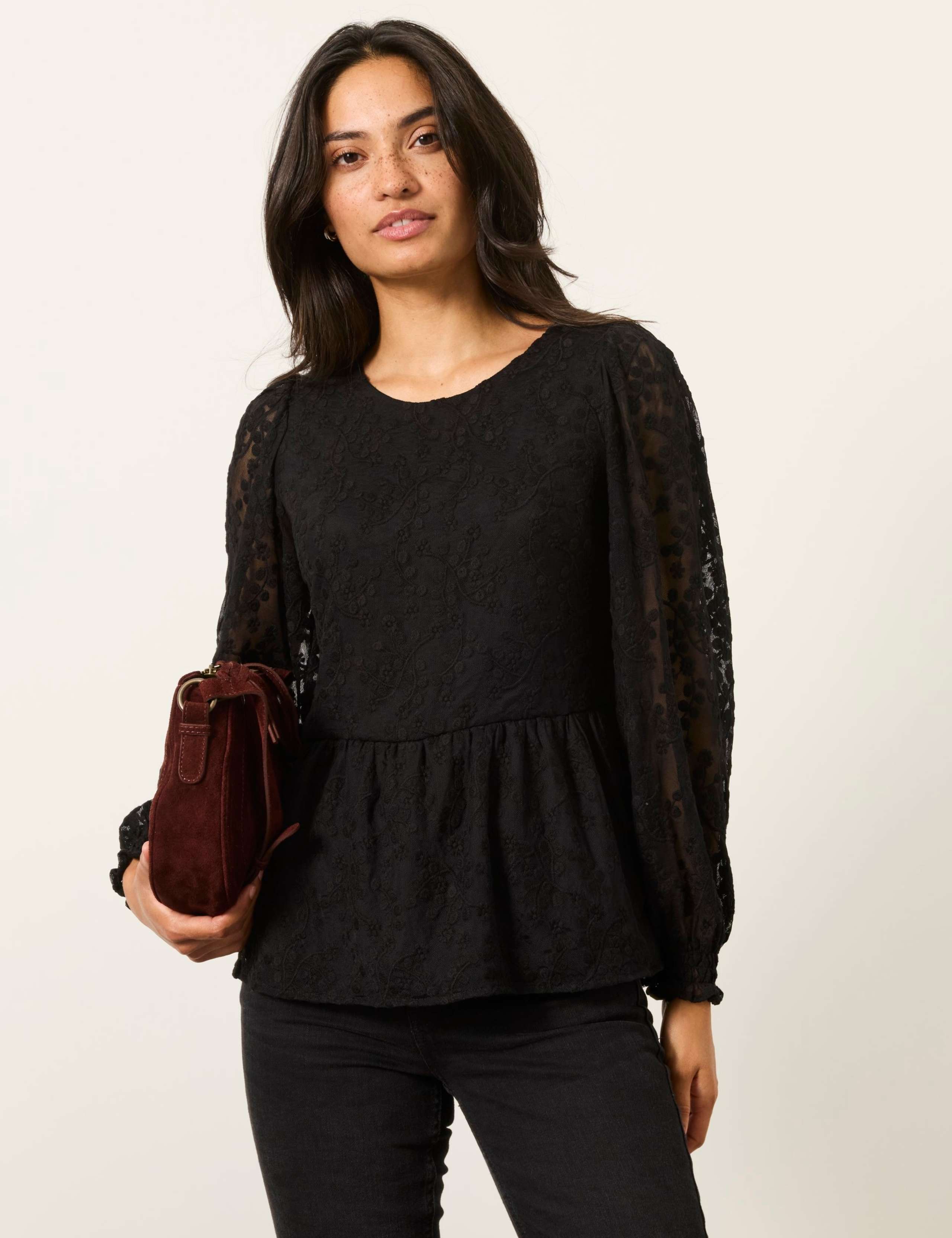 Floral Lace Waisted Blouson Sleeve Top 1 of 6
