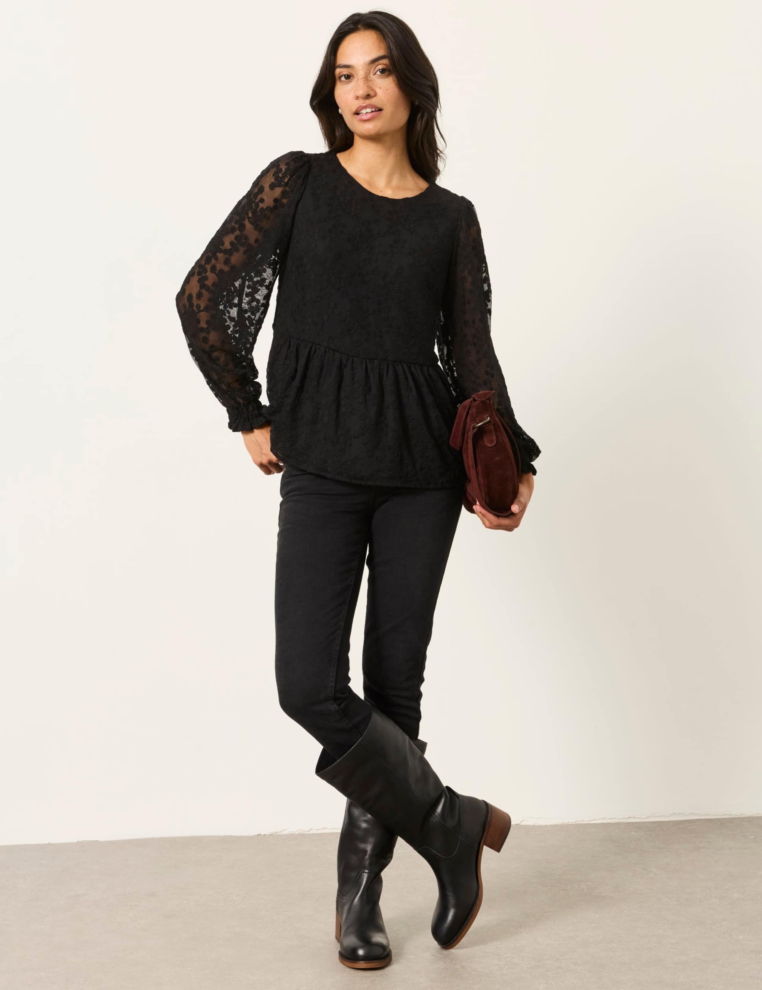 Floral Lace Waisted Blouson Sleeve Top 3 of 6