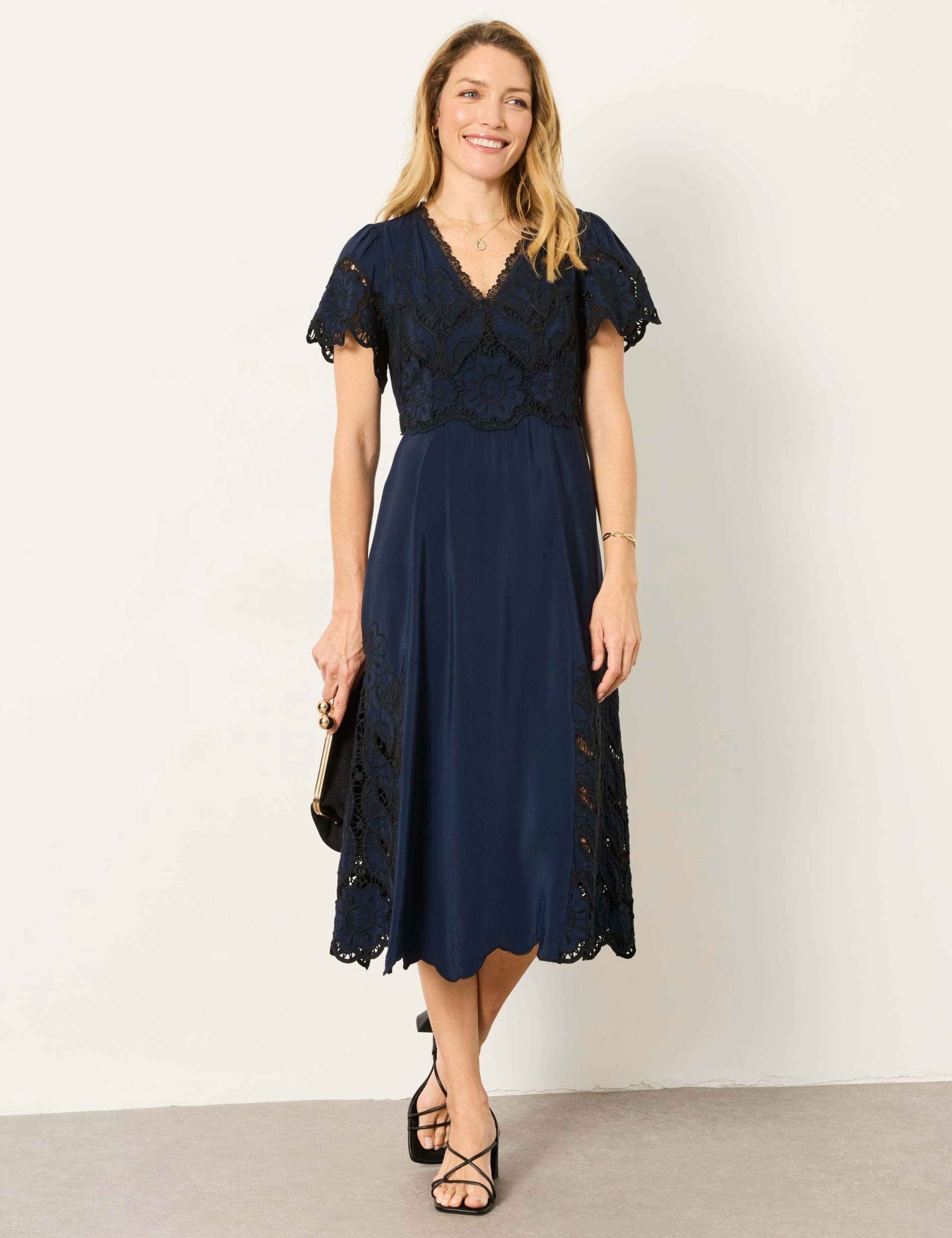 Lace Embellished V-Neck Midi Waisted Dress 1 of 7