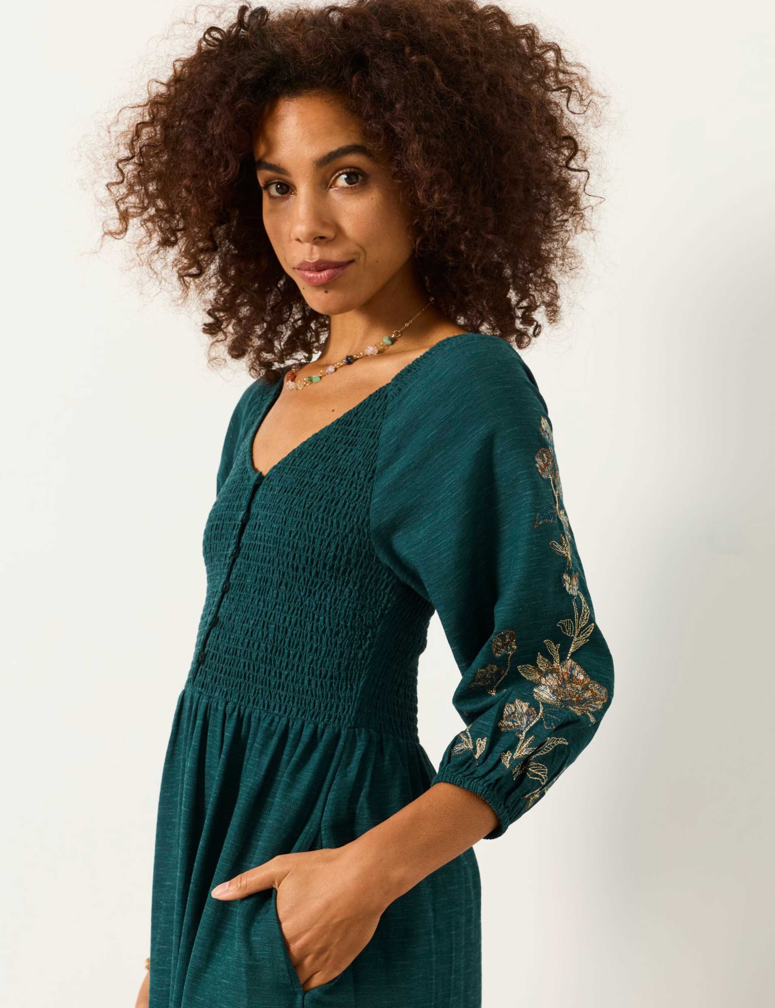 Embroidered Square Neck Midi Smock Dress 5 of 6