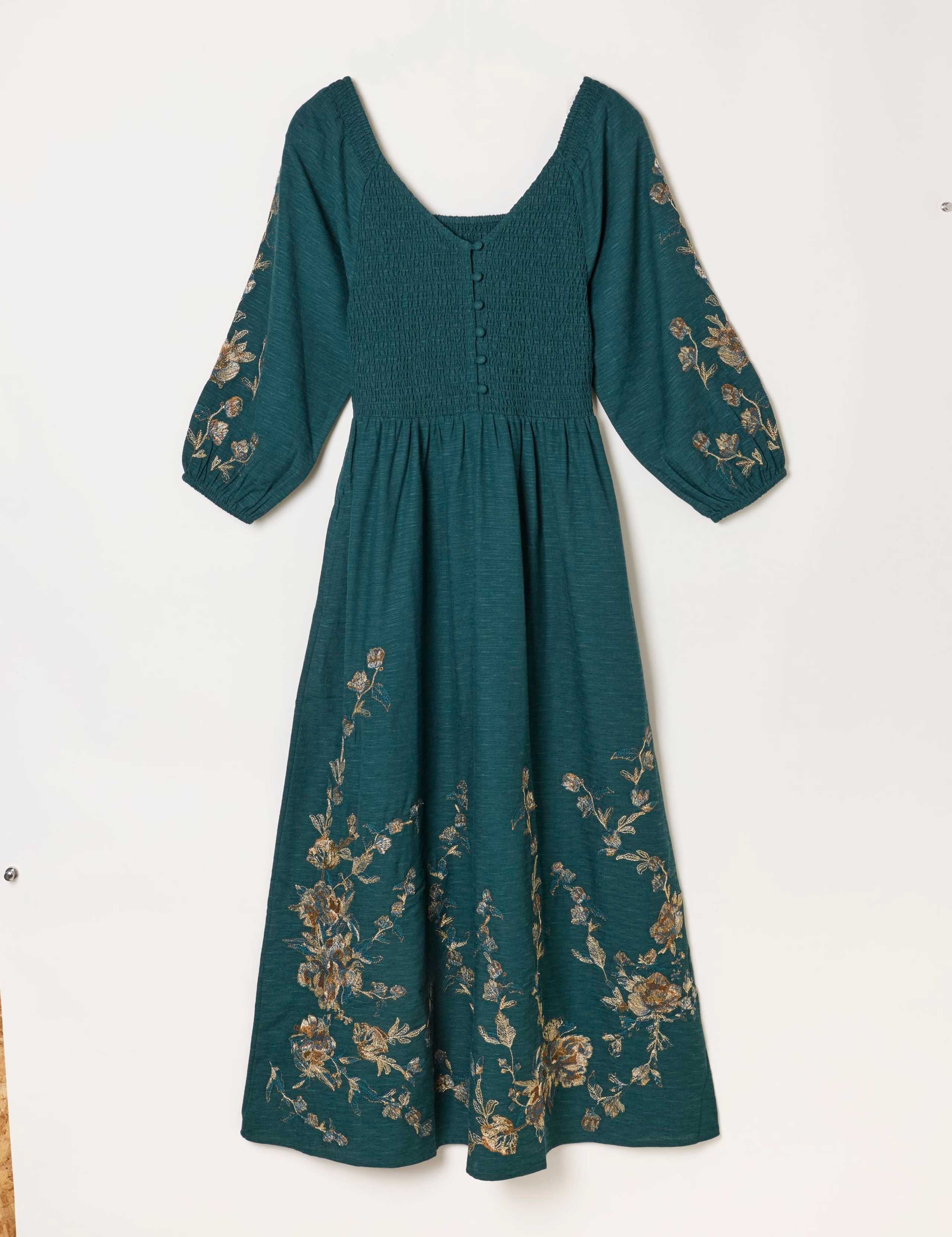 Embroidered Square Neck Midi Smock Dress 2 of 6