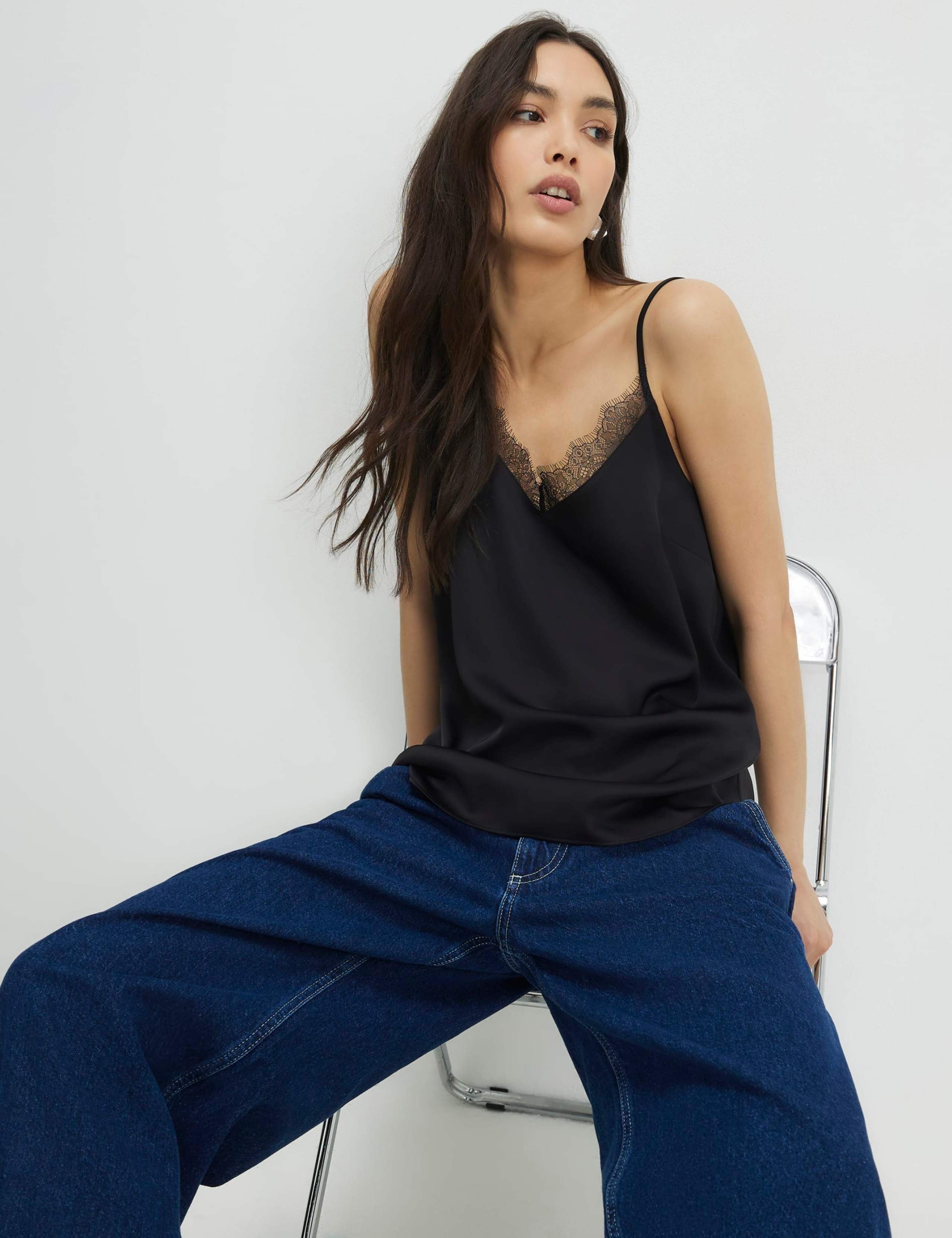 Satin V-Neck Lace Trim Cami Top 1 of 4