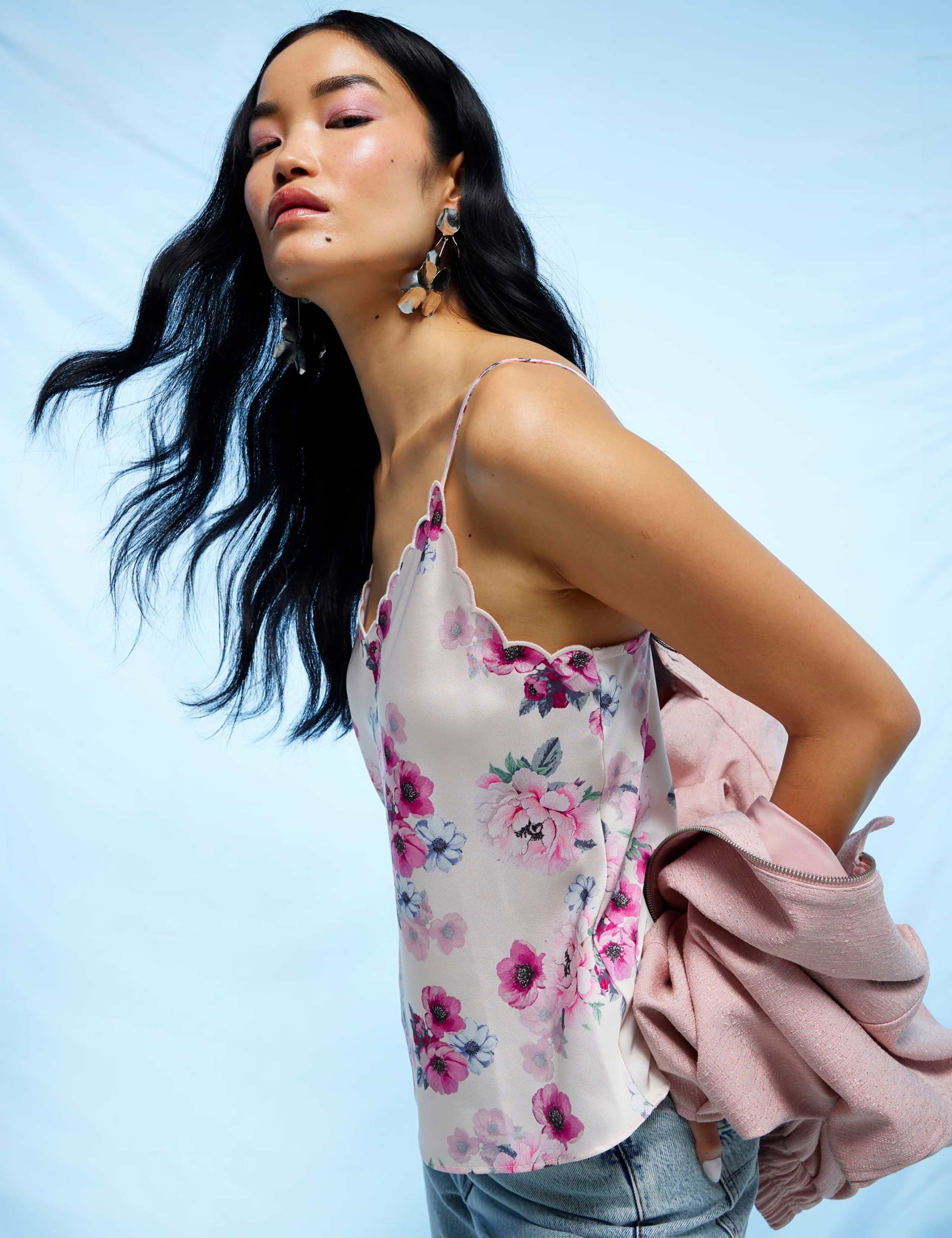 Satin Floral V-Neck Scallop Edge Cami Top 3 of 4