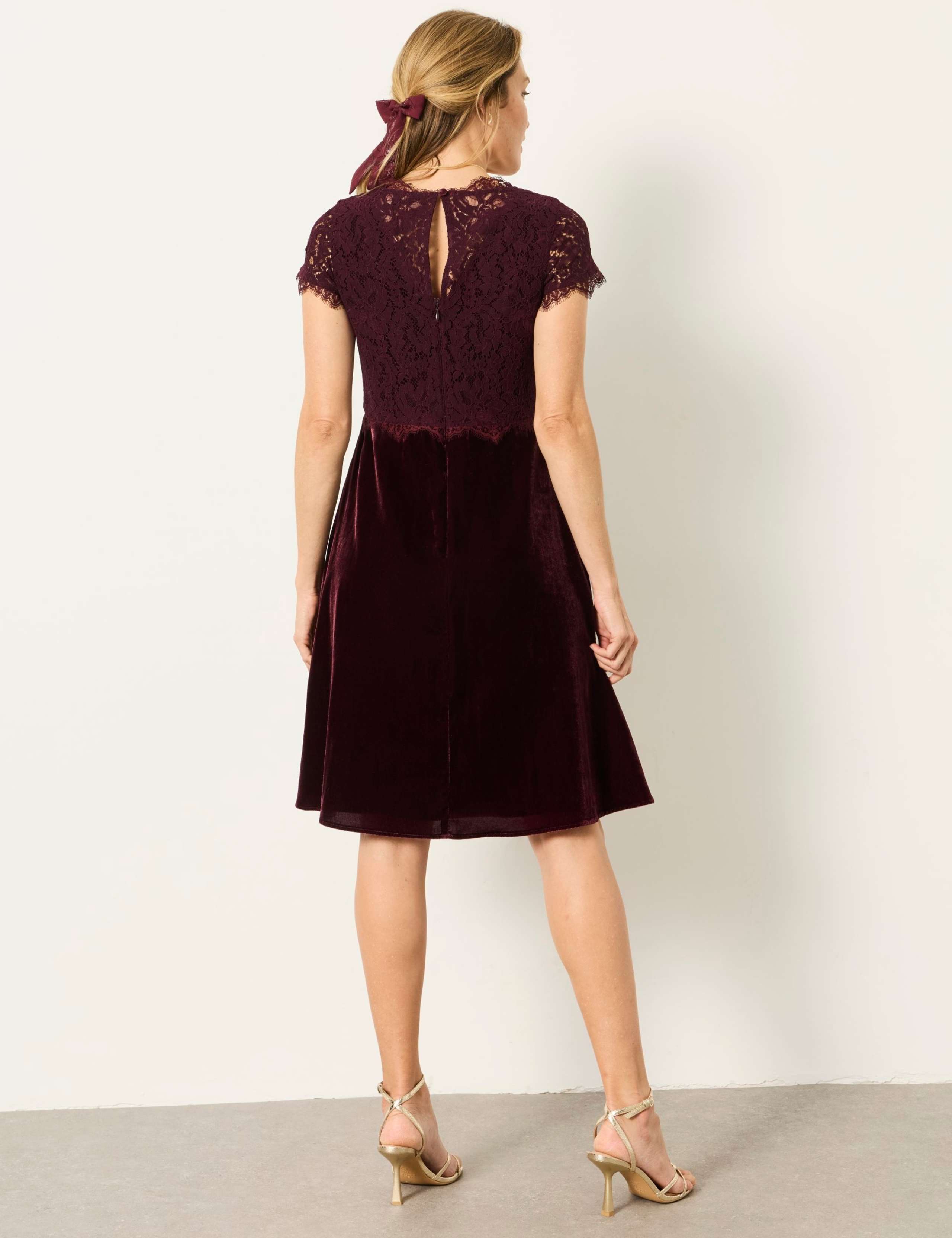 Velvet Lace Detail V-Neck Mini Waisted Dress 3 of 7