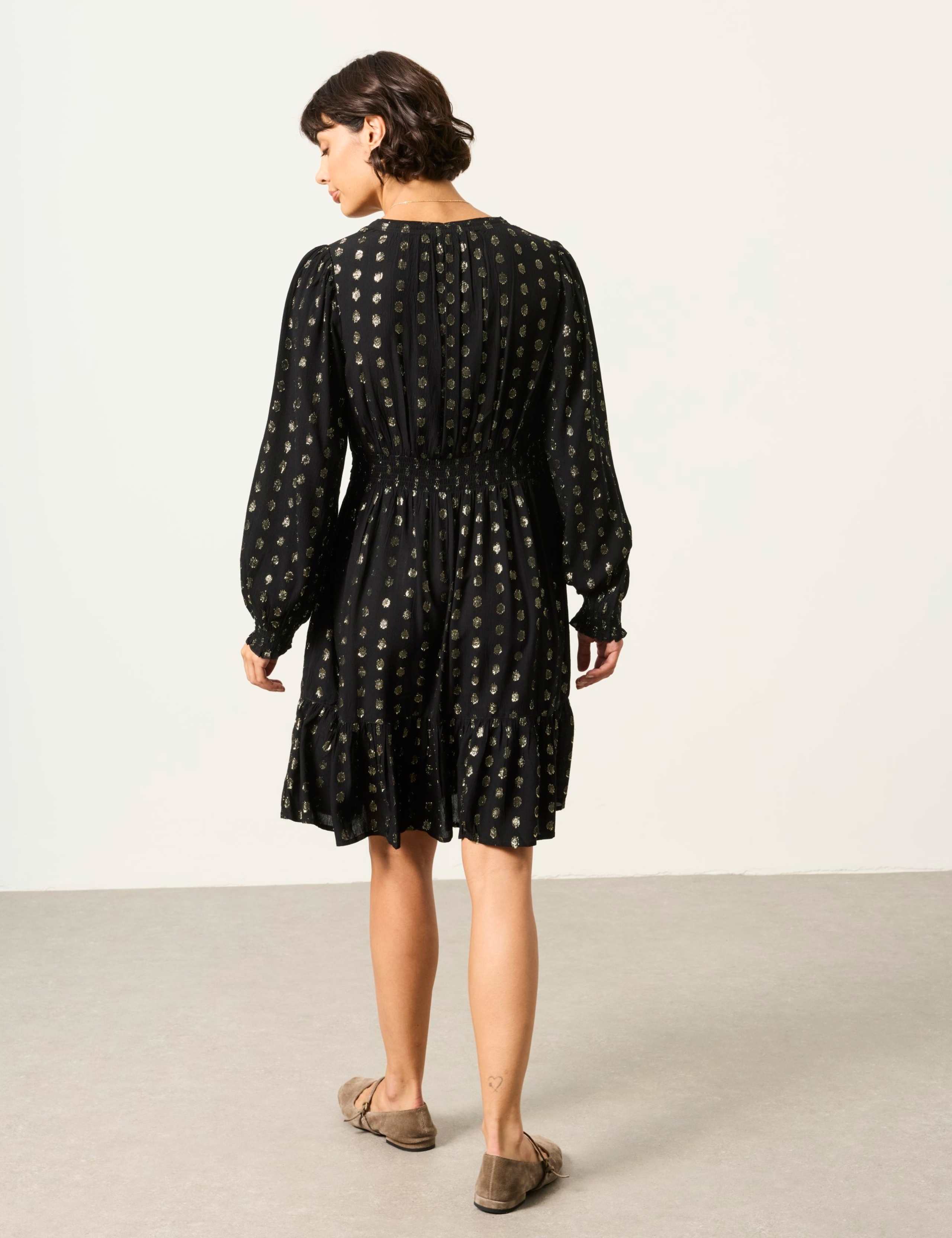 Metallic V Neck Mini Smock Dress 3 of 5