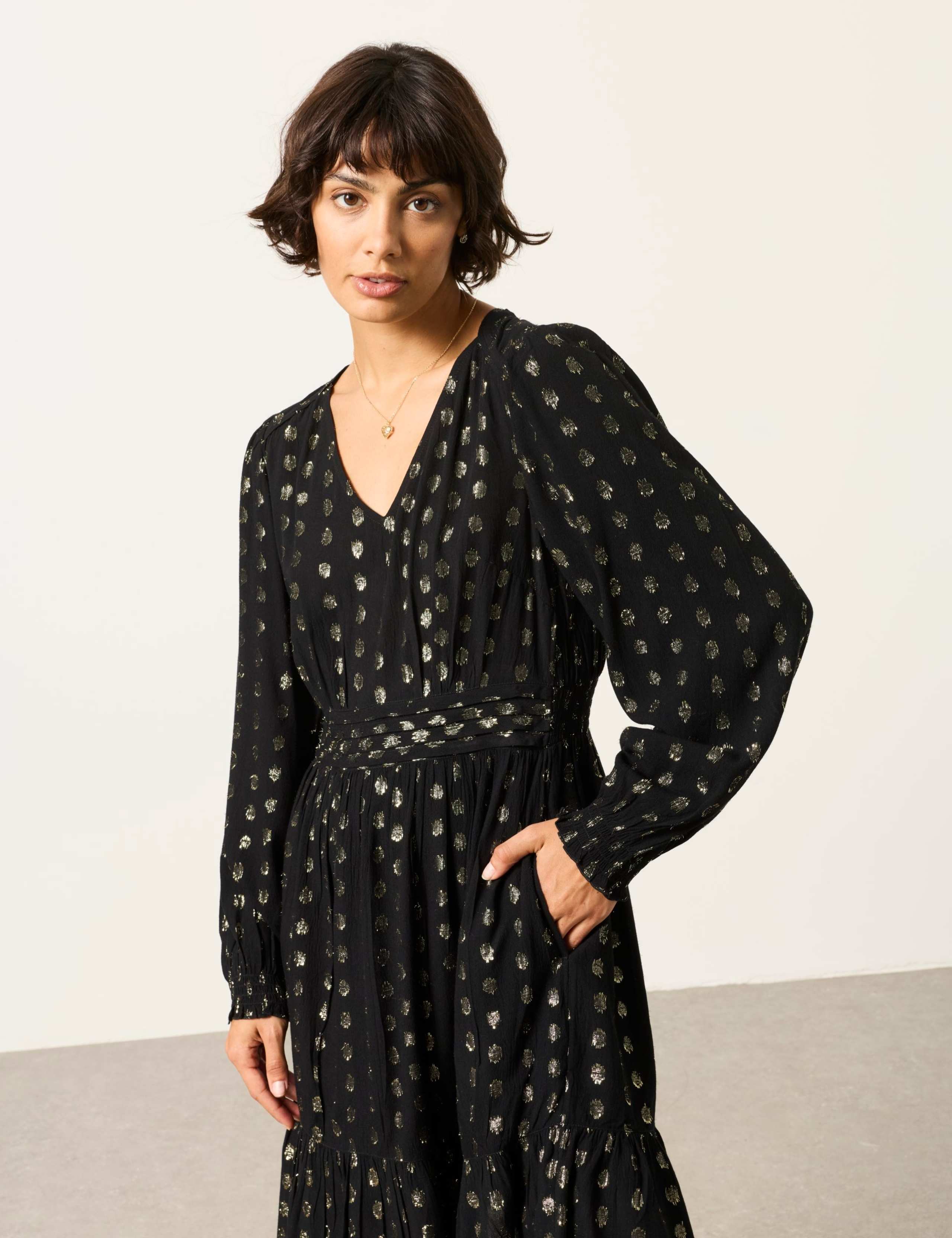 Metallic V Neck Mini Smock Dress 4 of 5