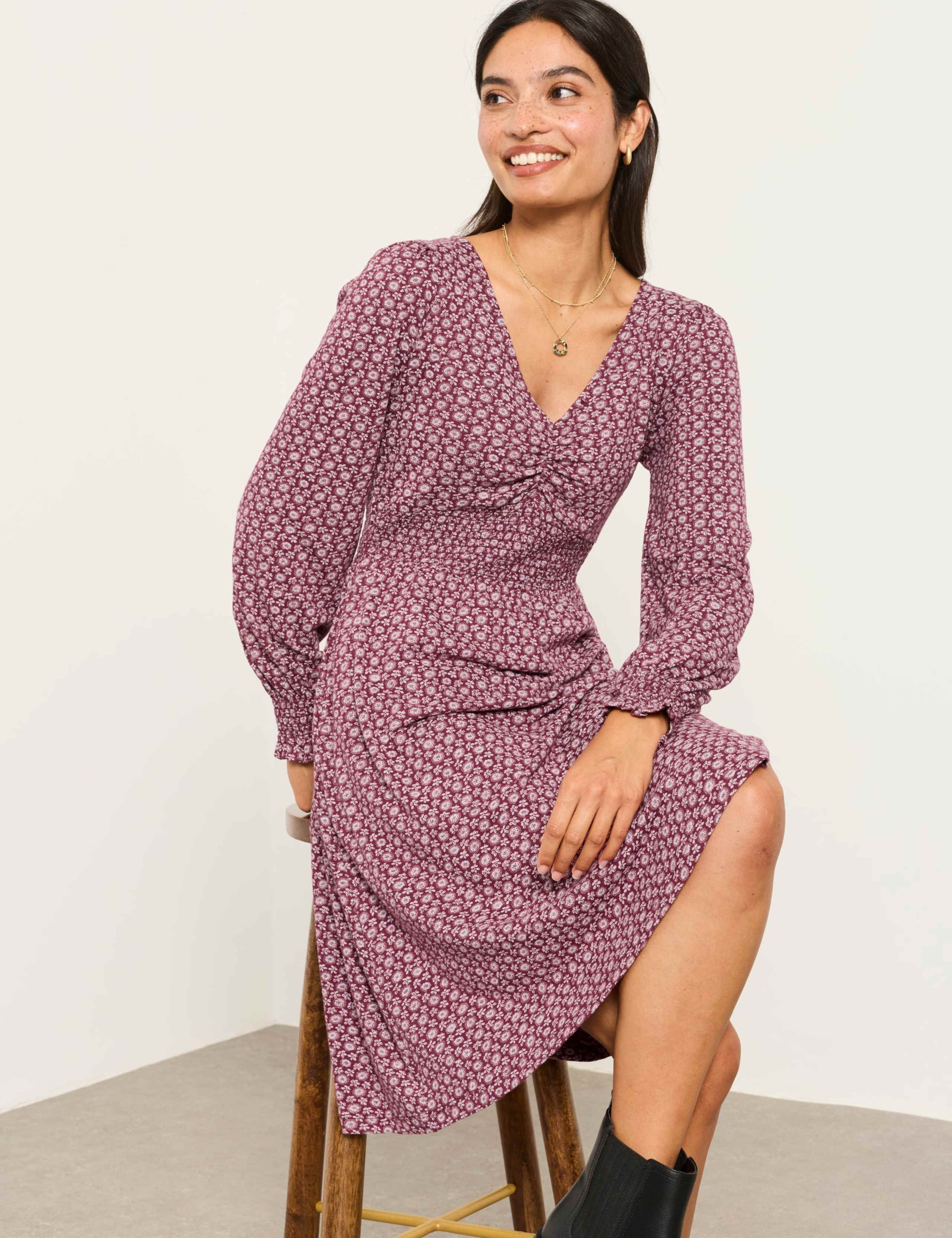 Cotton Rich Floral V Neck Mini Smock Dress 4 of 5