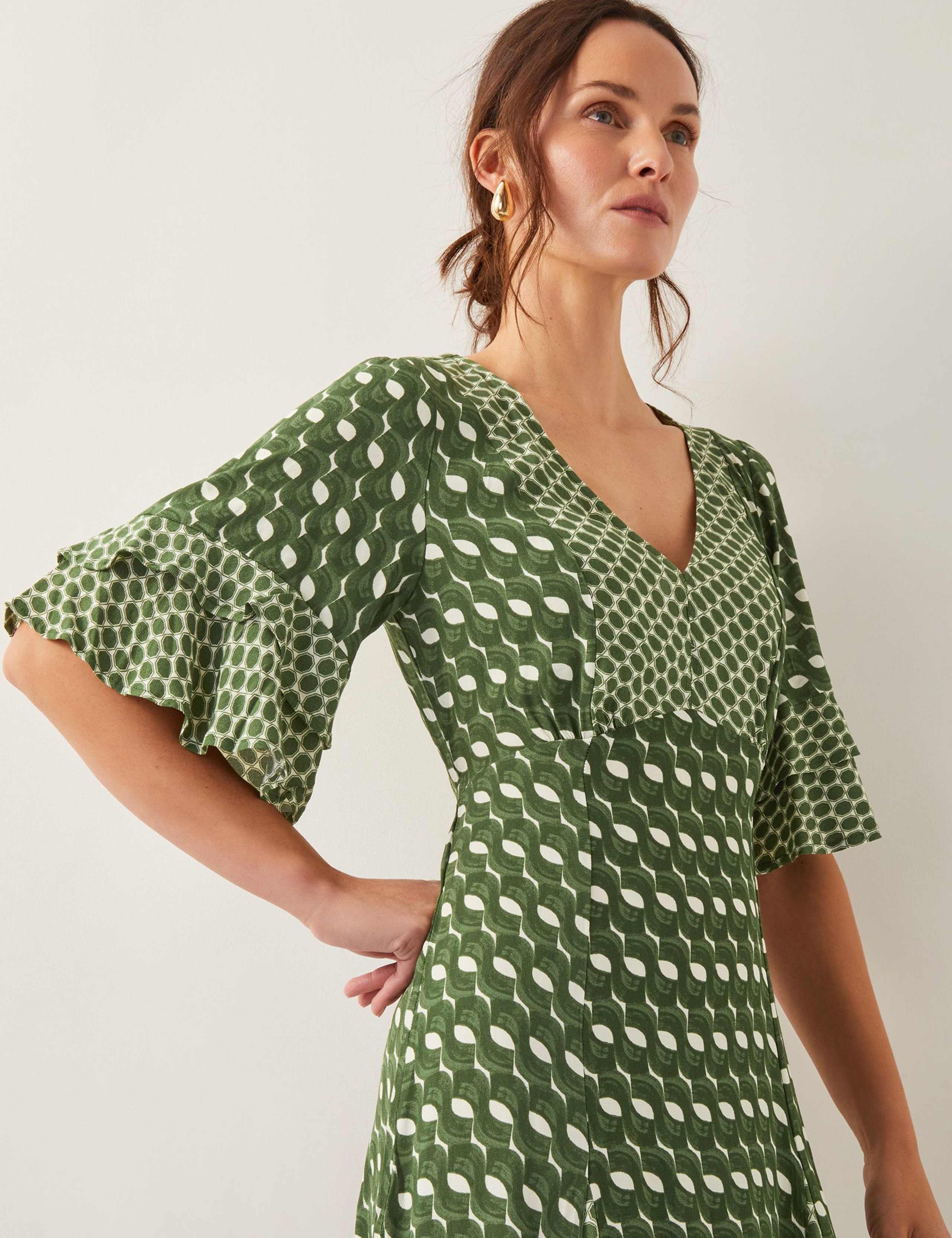 Geometric V-Neck Frill Sleeve Midi Tea Dress 4 of 4