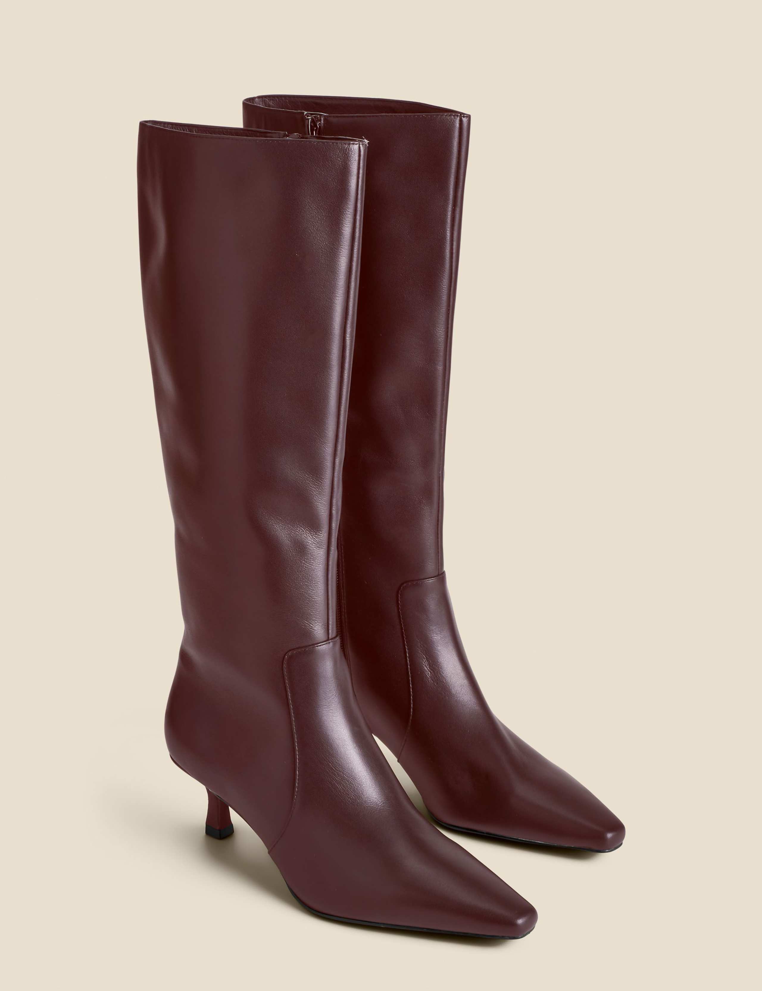 Leather Kitten Heel Pointed Knee High Boots 2 of 4