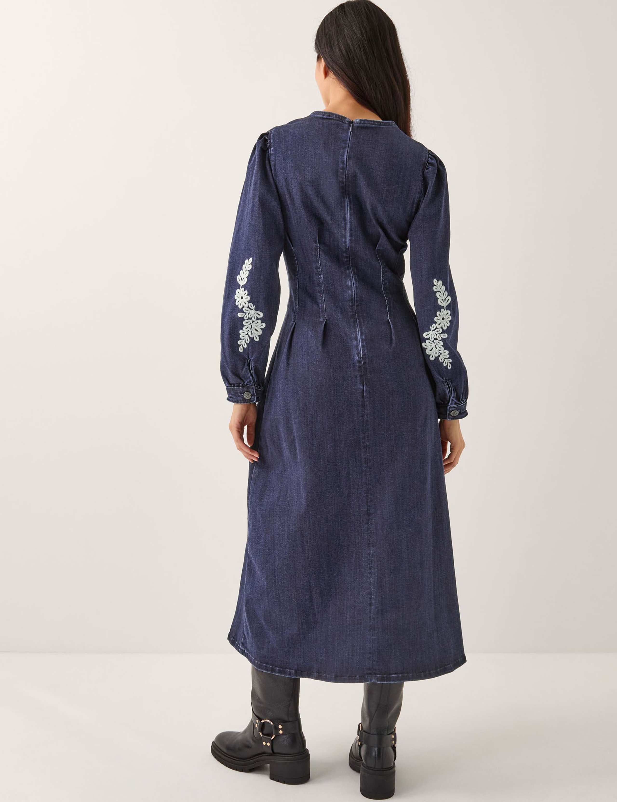 Denim Embroidered Knee Length Skater Dress 2 of 4