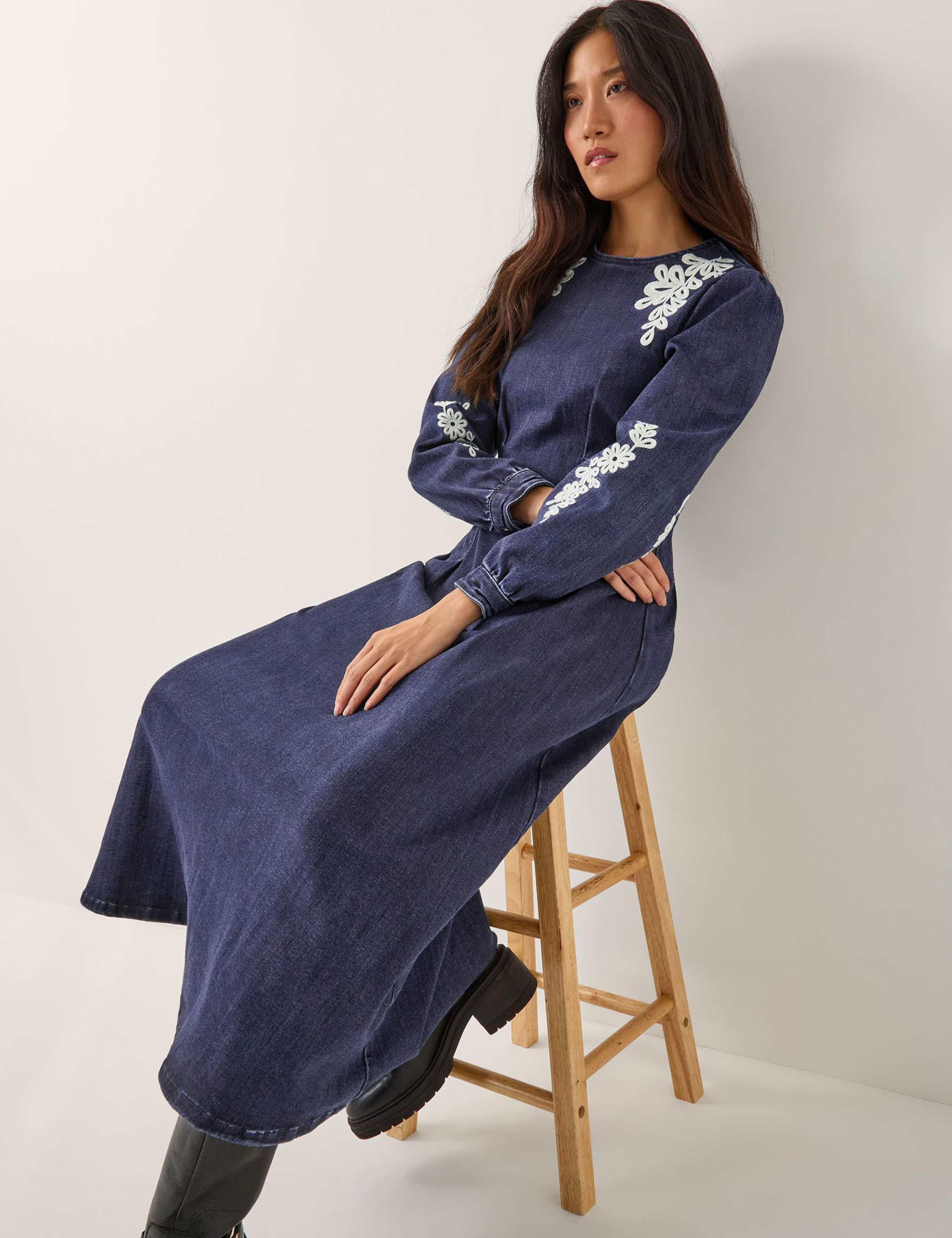 Denim Embroidered Knee Length Skater Dress 3 of 4