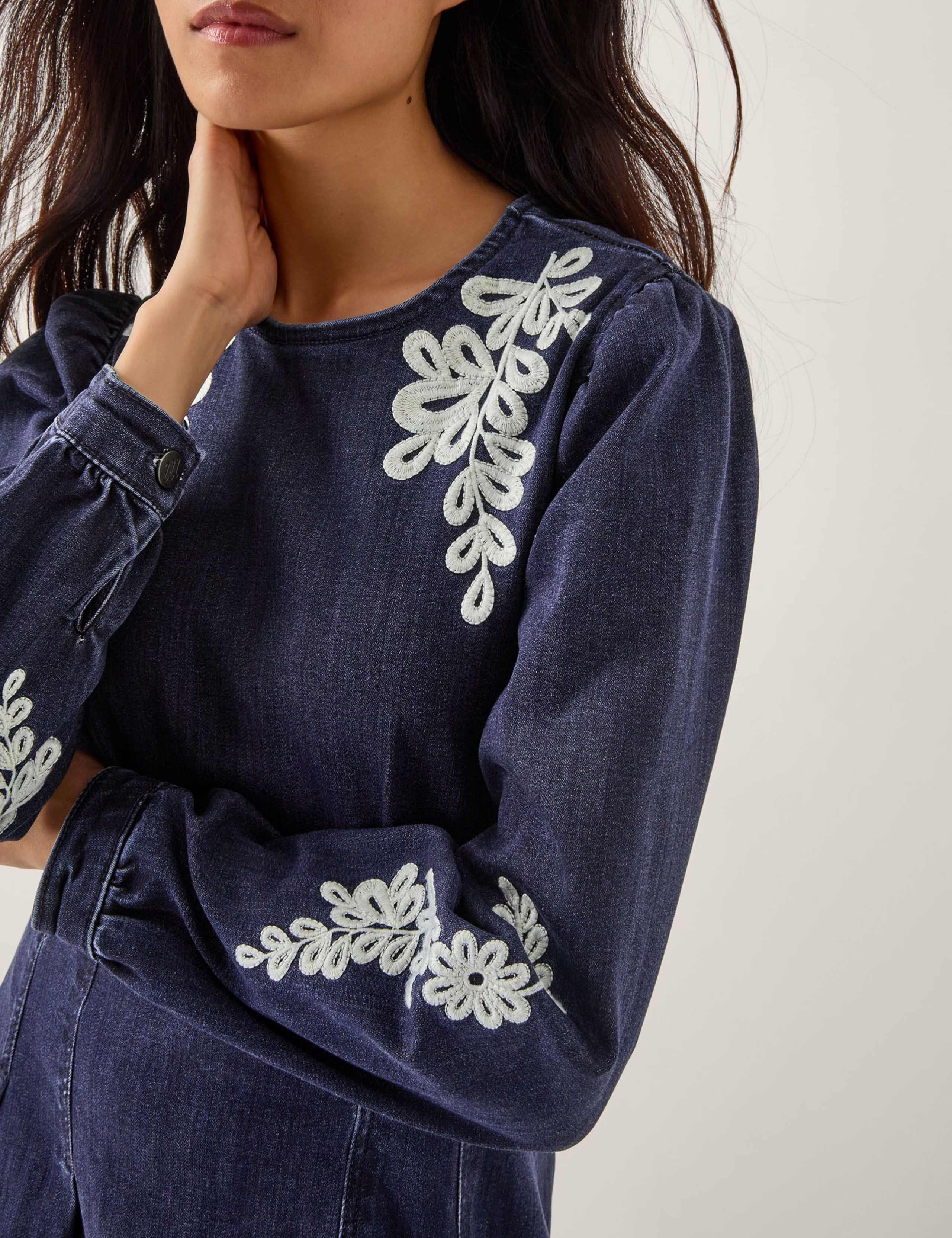 Denim Embroidered Knee Length Skater Dress 4 of 4