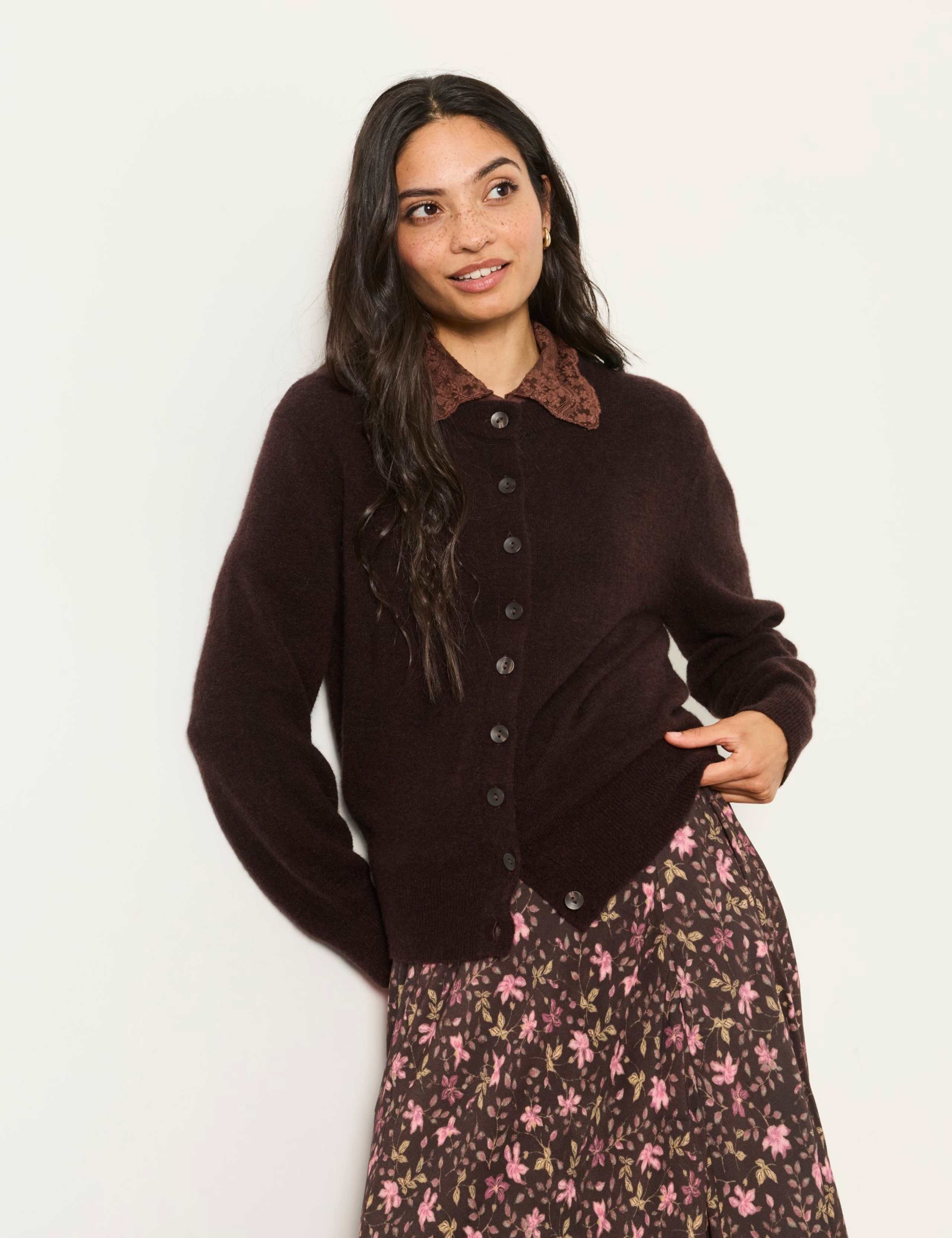 Wool Blend Crew Neck Button Front Cardigan 1 of 6