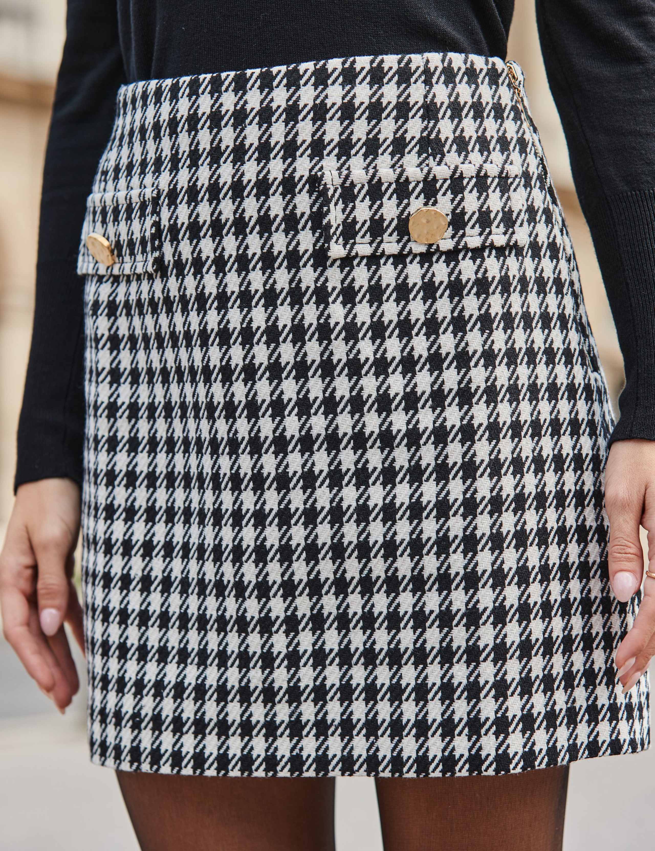 Cotton Blend Dogtooth Button Detail Mini Skirt 7 of 8