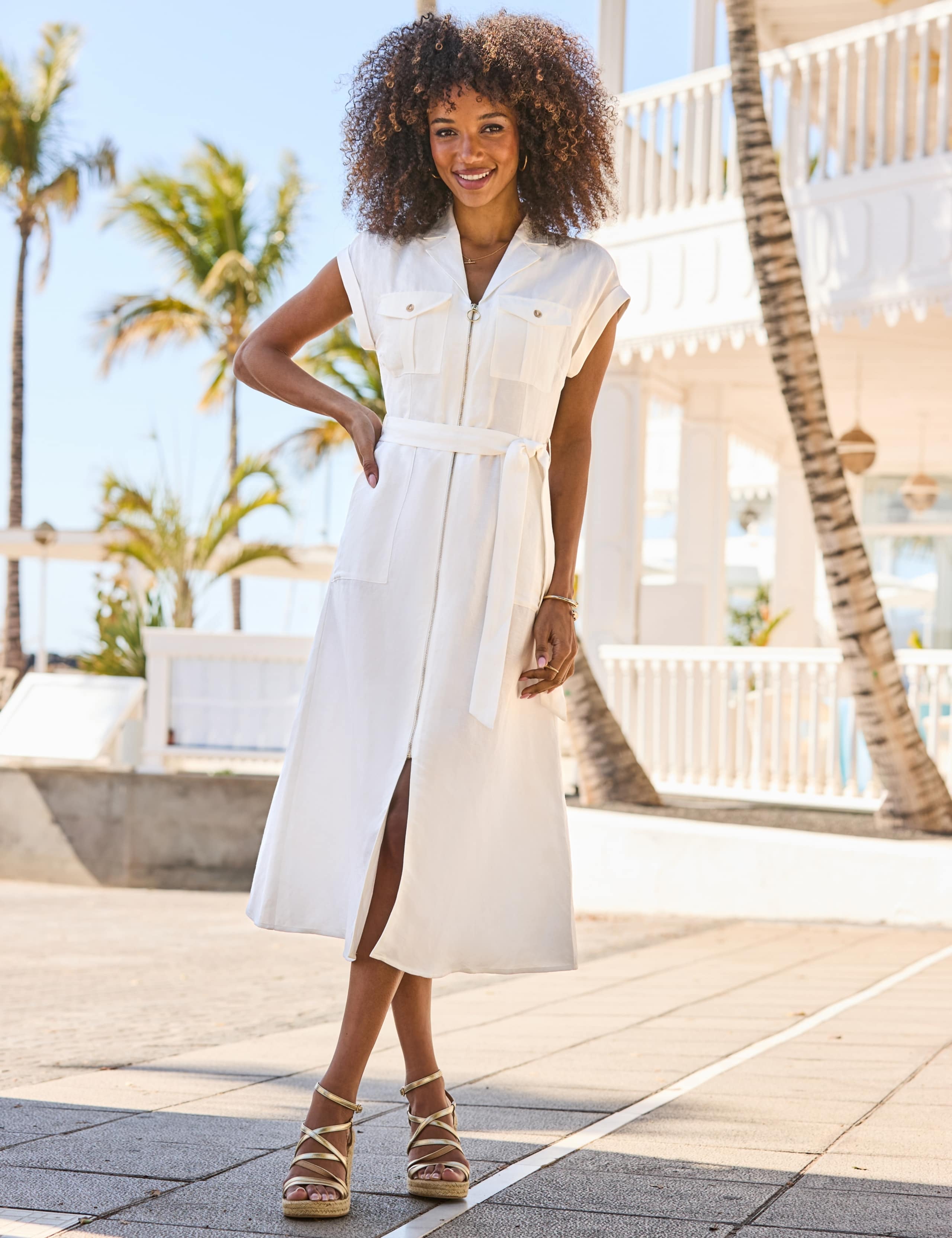 Linen Blend Belted Midi Shirt Dress 2 of 5