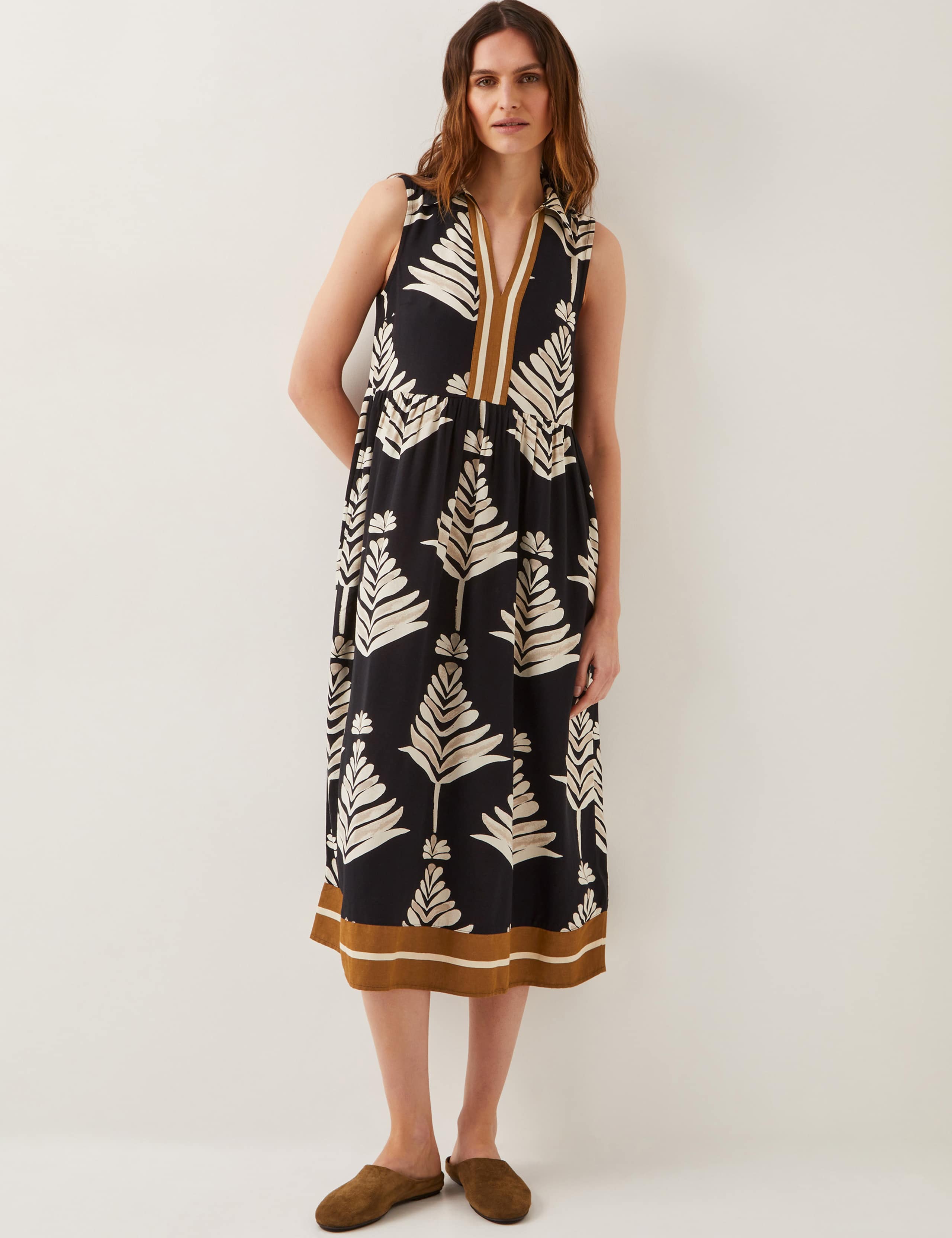 Leaf Print Collared V-Neck Midi Beach Dress With Linen 2 of 5