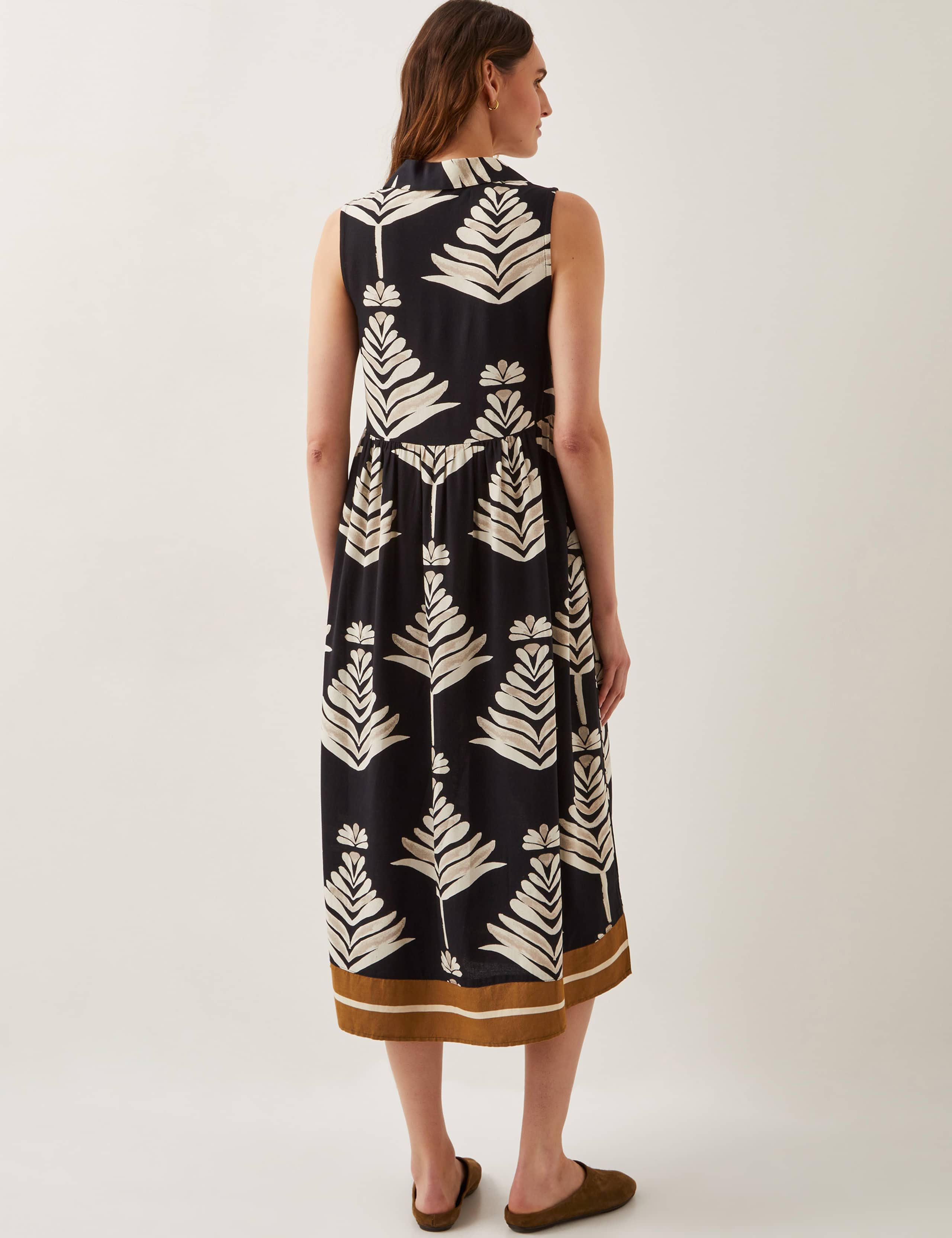 Leaf Print Collared V-Neck Midi Beach Dress With Linen 4 of 5