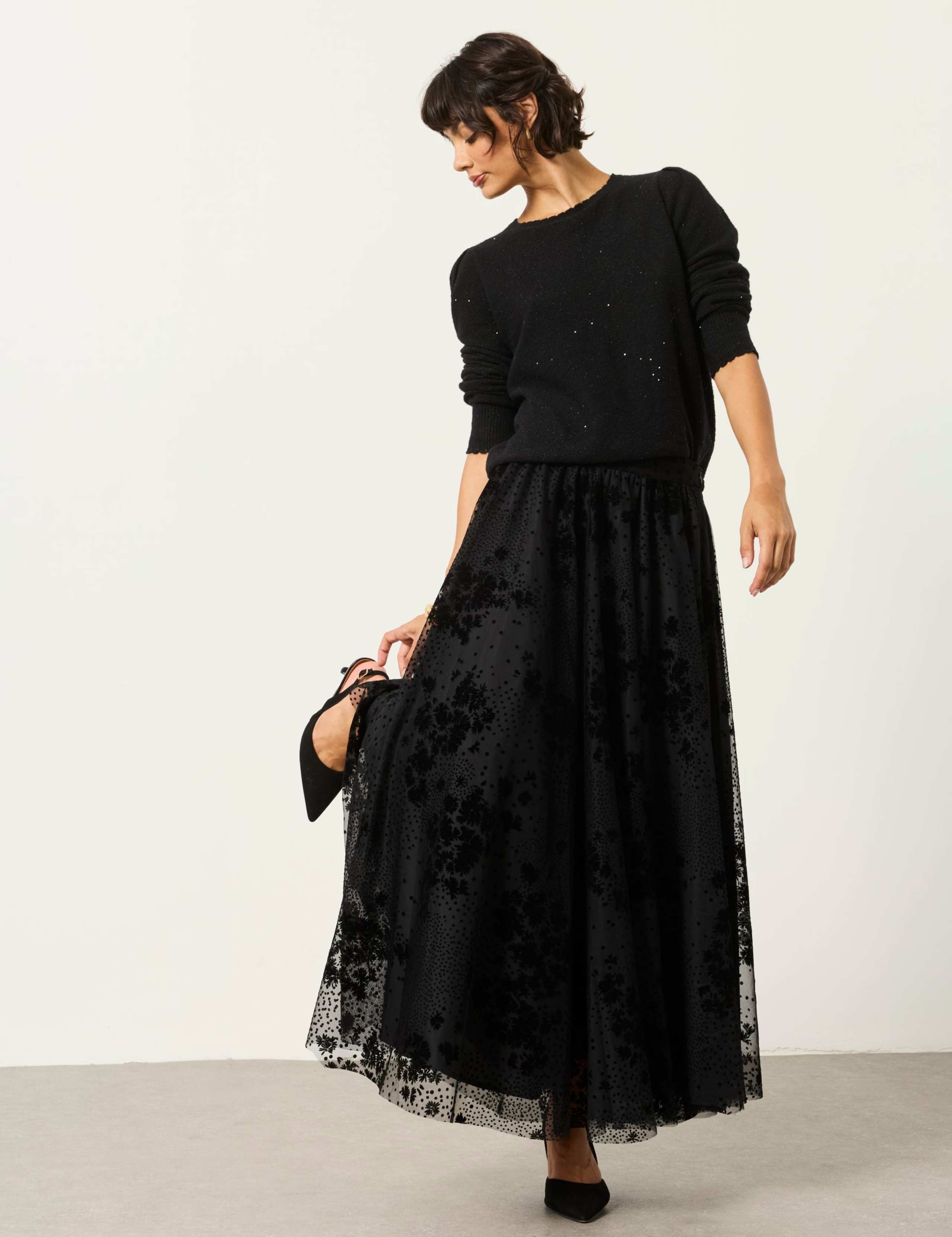 Spot Print Floral Midi A Line Skirt 1 of 7