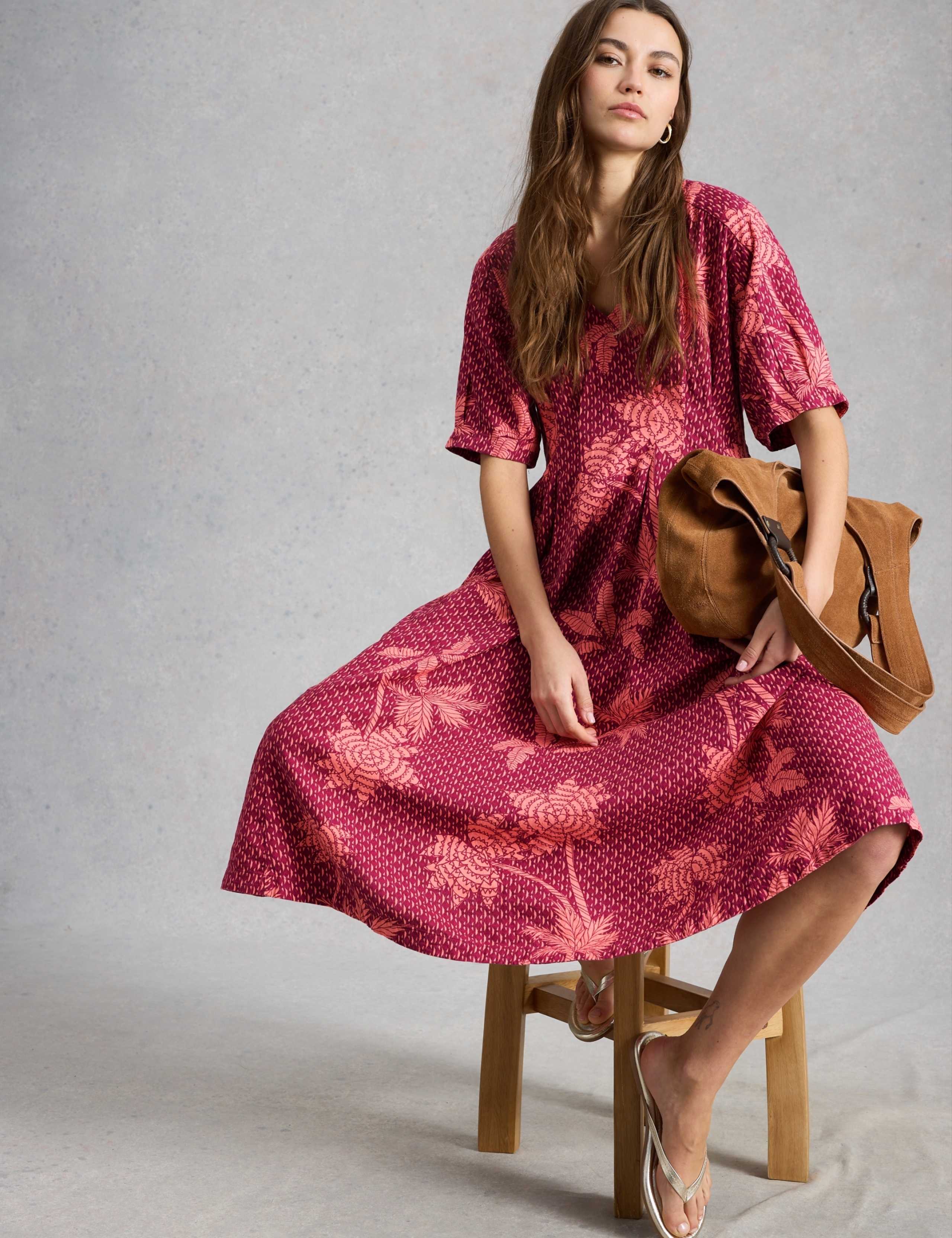 Linen Rich Printed V-Neck Midi Tea Dress 4 of 6