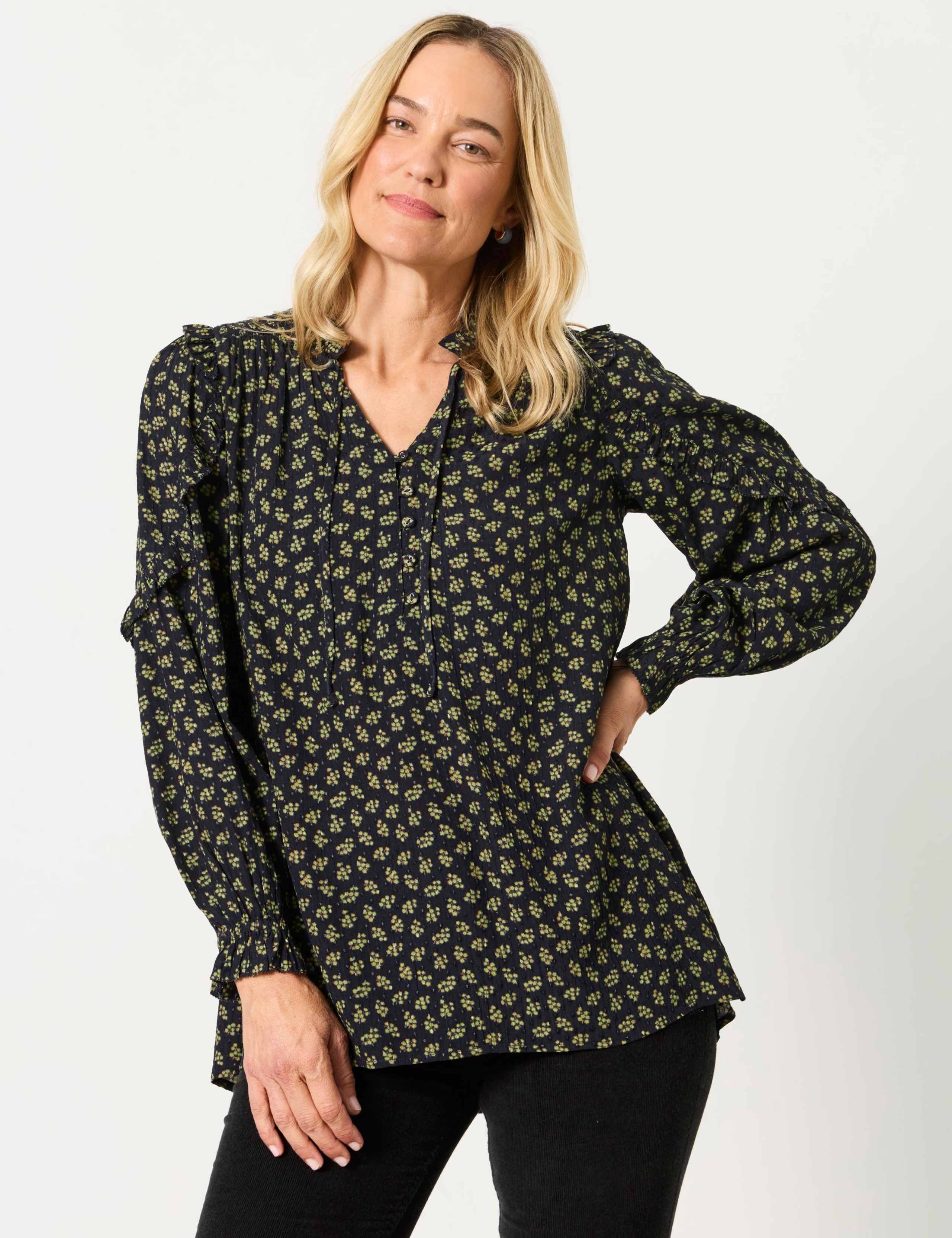Ditsy Floral Tie Neck Frill Detail Blouse 1 of 6