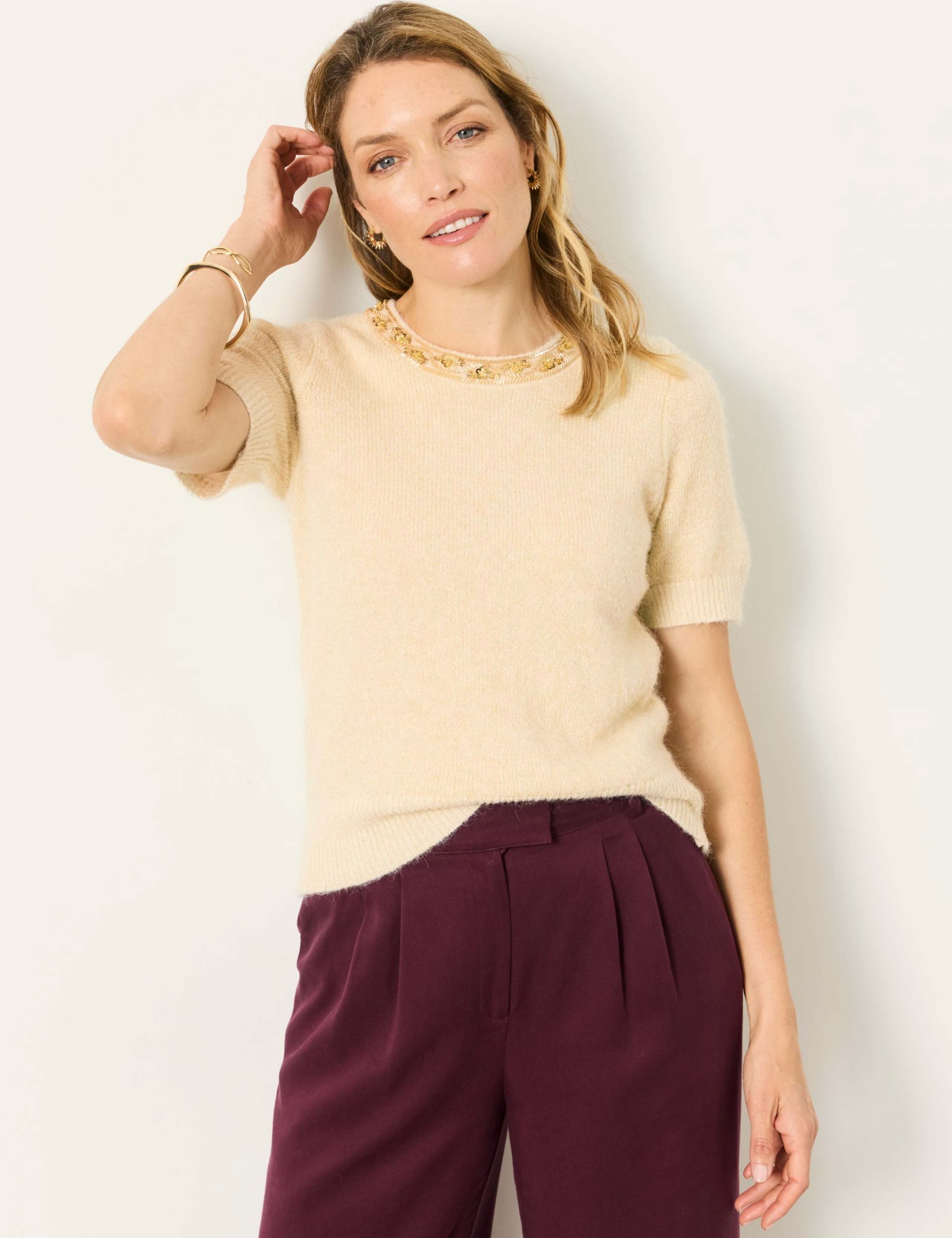 Embroidered Crew Neck Knitted Top with Wool 1 of 6