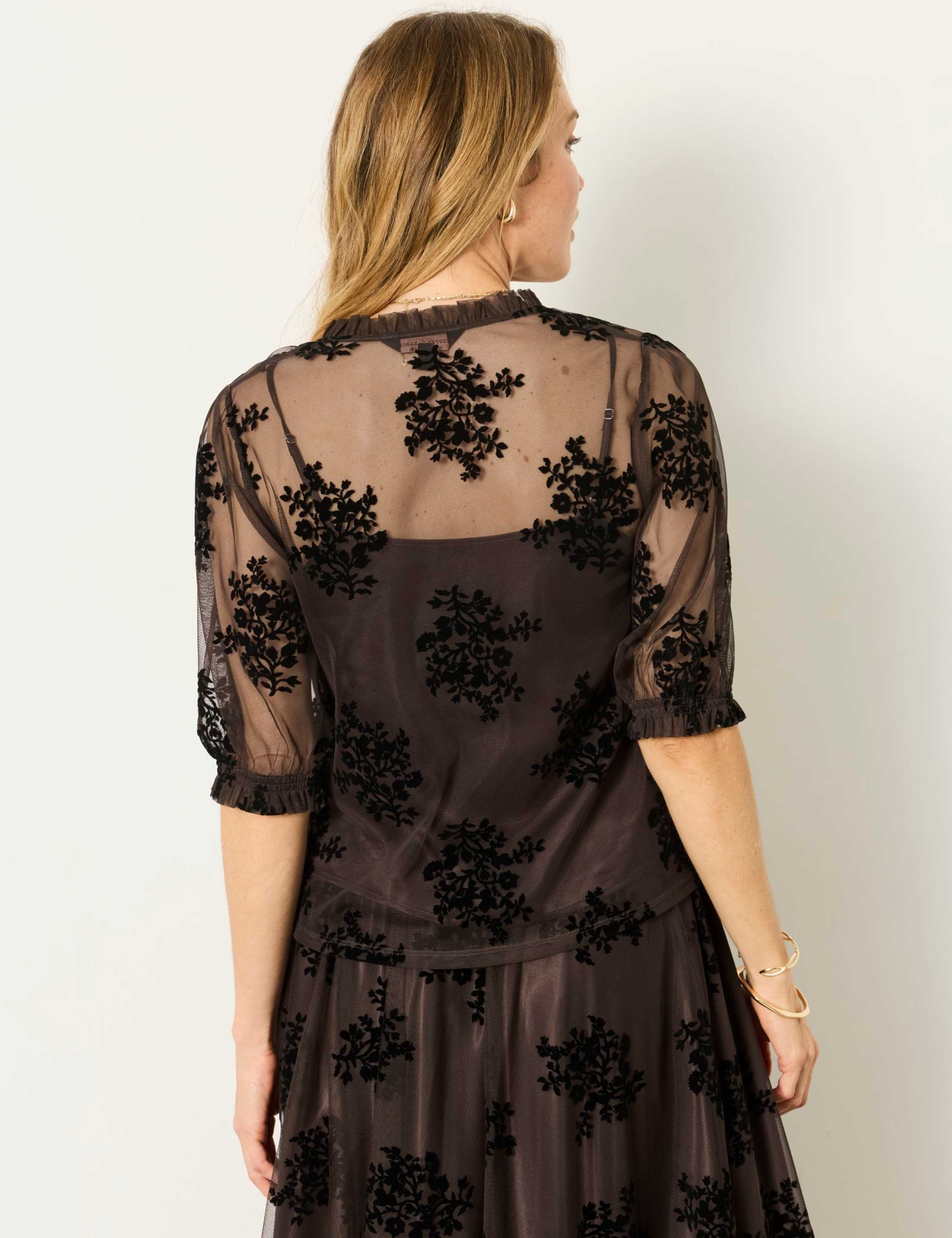 Tulle Floral V-Neck Frill Detail Top 3 of 6