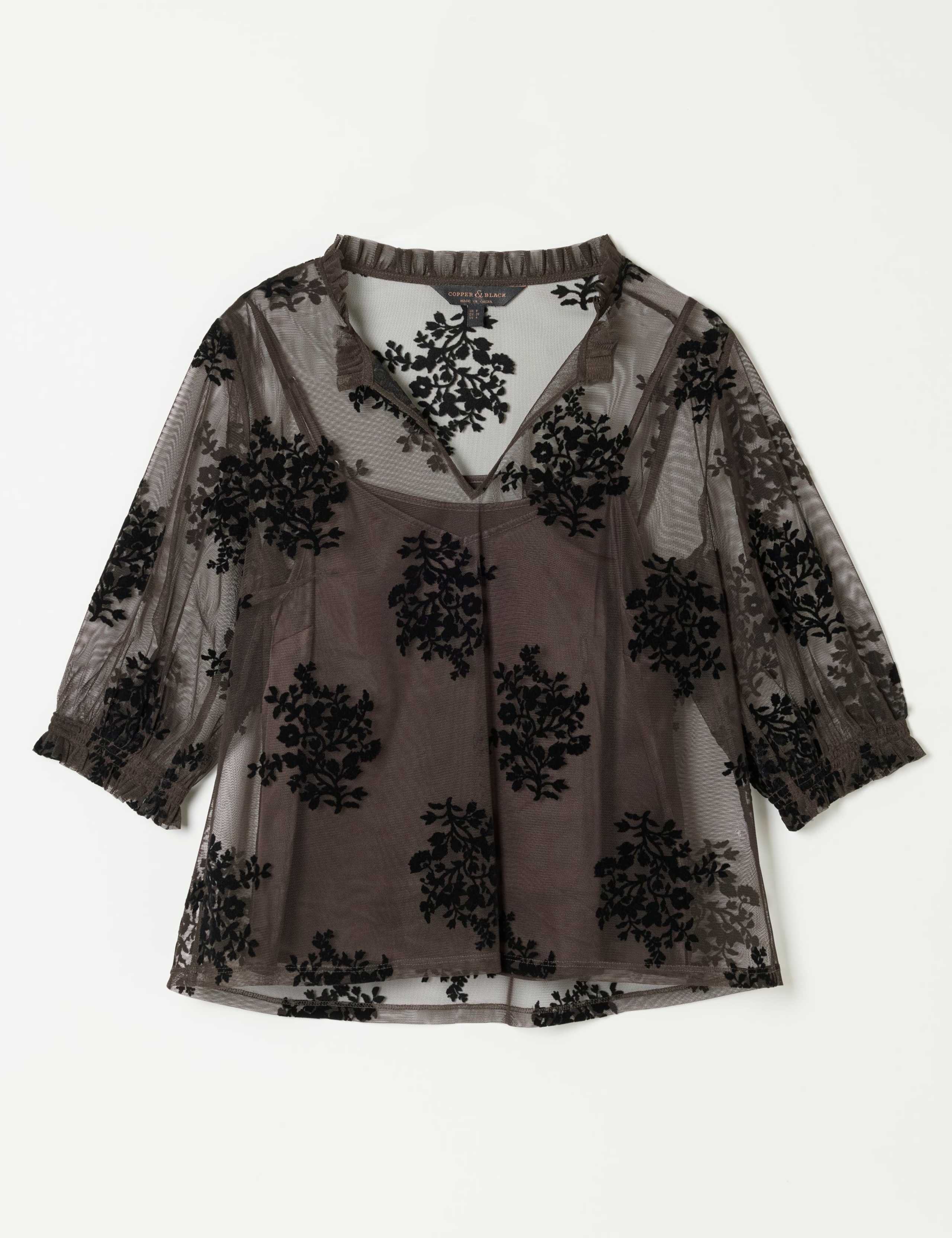 Tulle Floral V-Neck Frill Detail Top 2 of 6