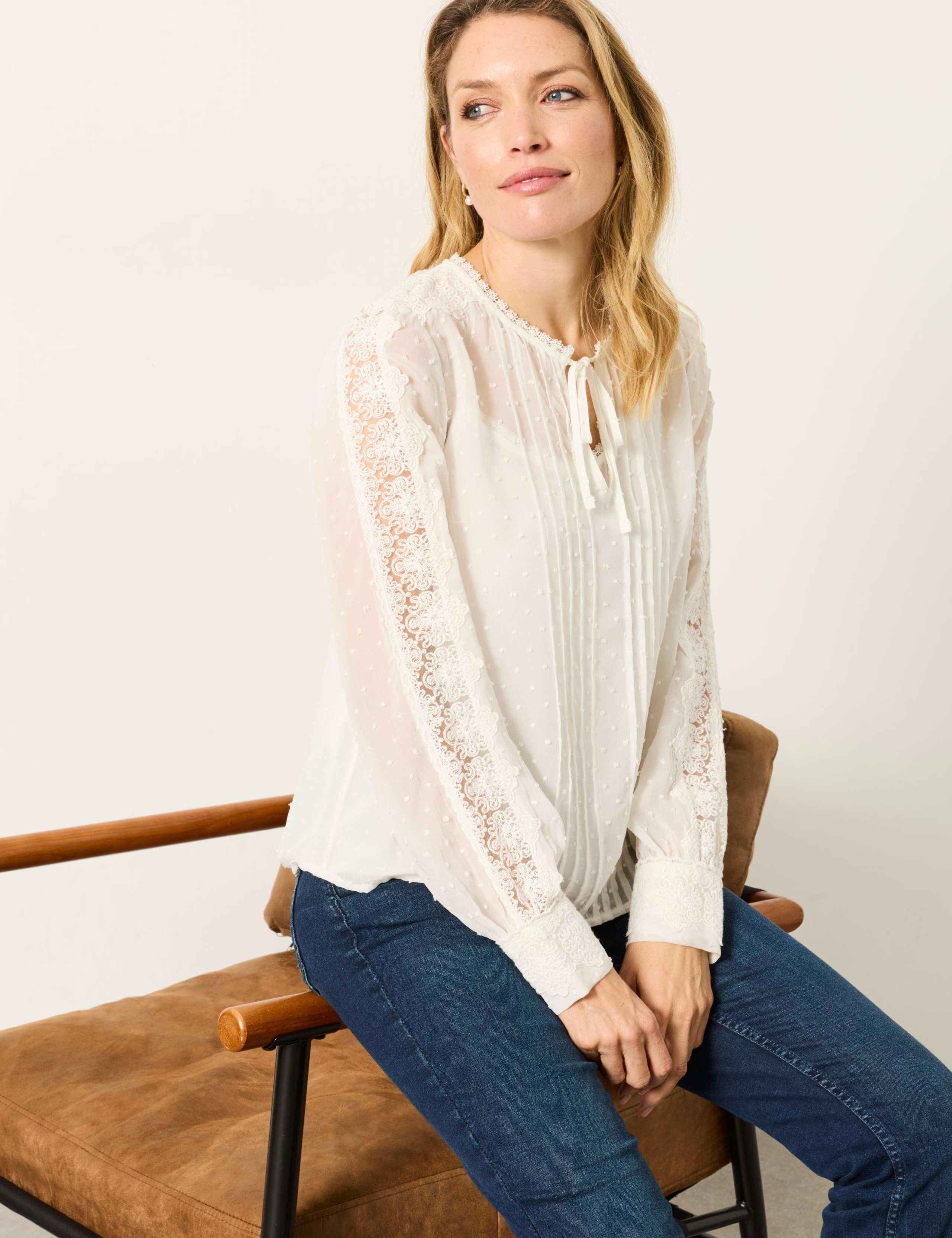 Embroidered Lace Tie Neck Blouse 5 of 6
