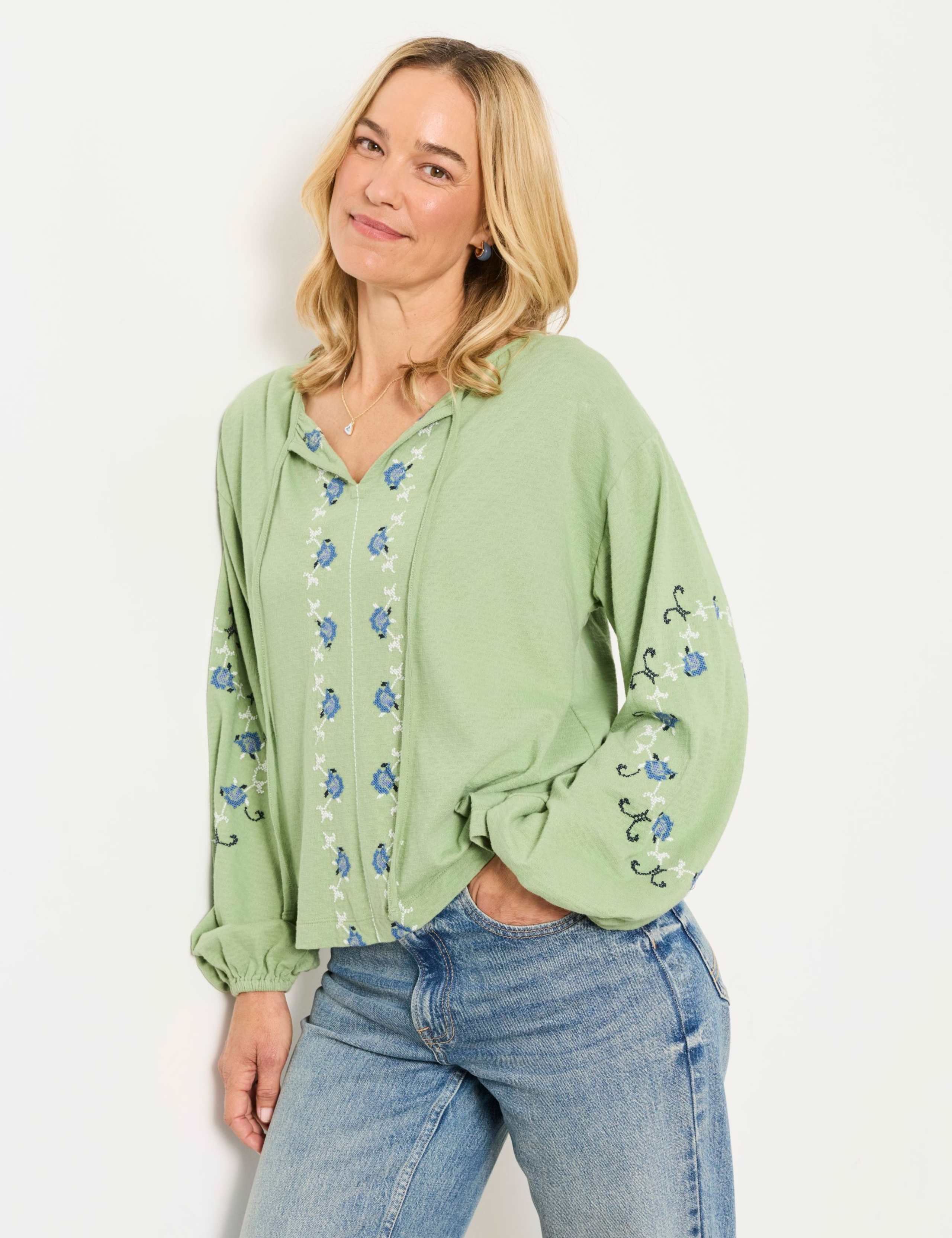 Pure Cotton Embroidered Tie Neck Blouse 1 of 6